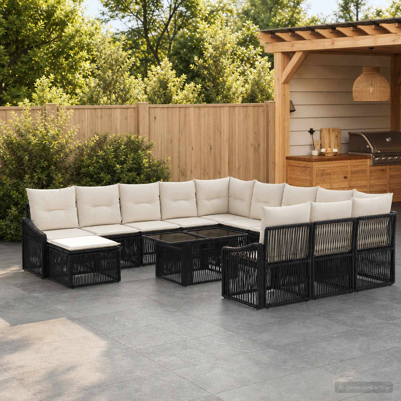 Terrasse im Freien mit L-förmiger schwarzer Rattanecke, cremefarbenen Kissen und Couchtischen neben einer Grilllaube im Hinterhof.