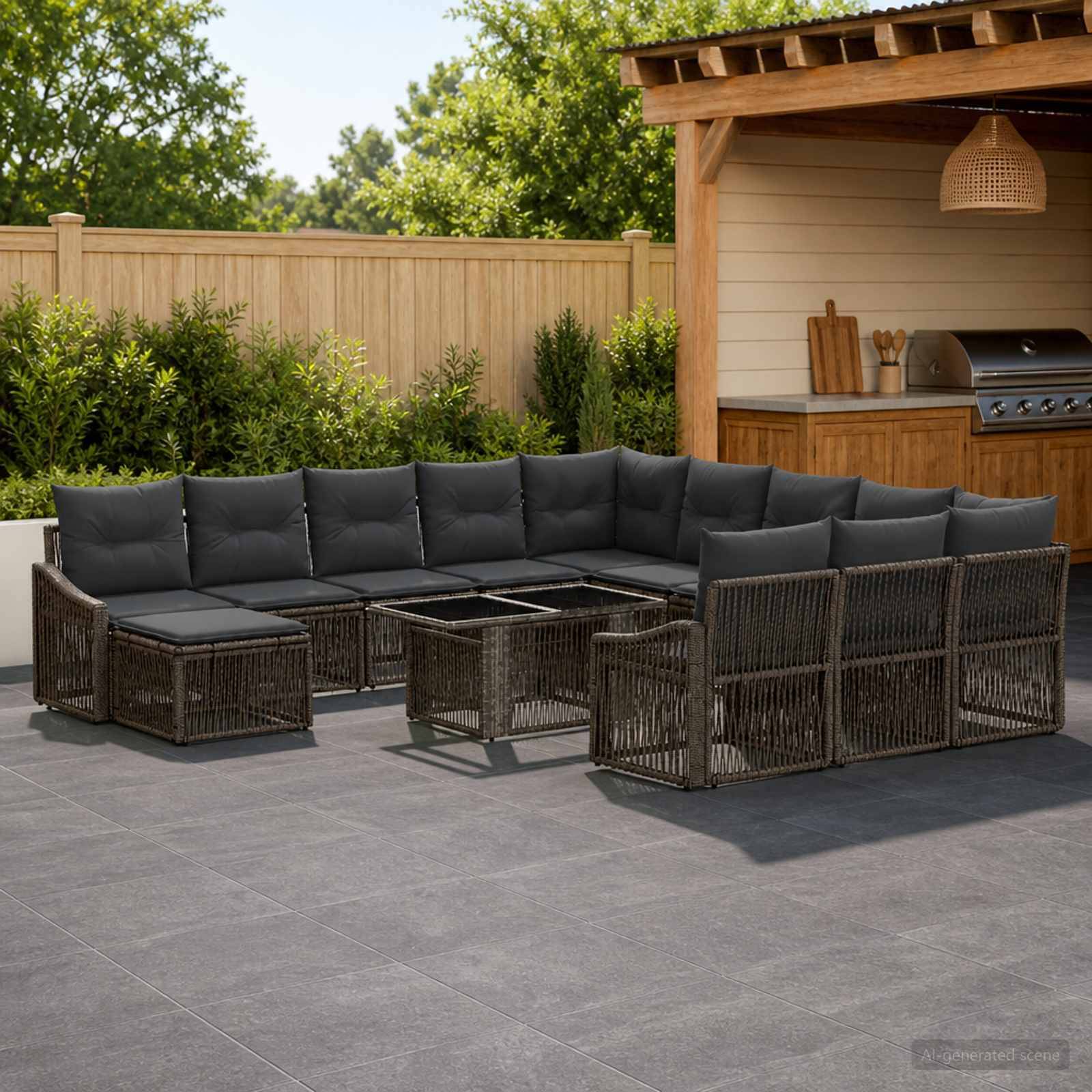 Außenterrasse mit dunkelm Rattanecksofa um Glastische neben einer Grillstation im Garten und Holzzaun.