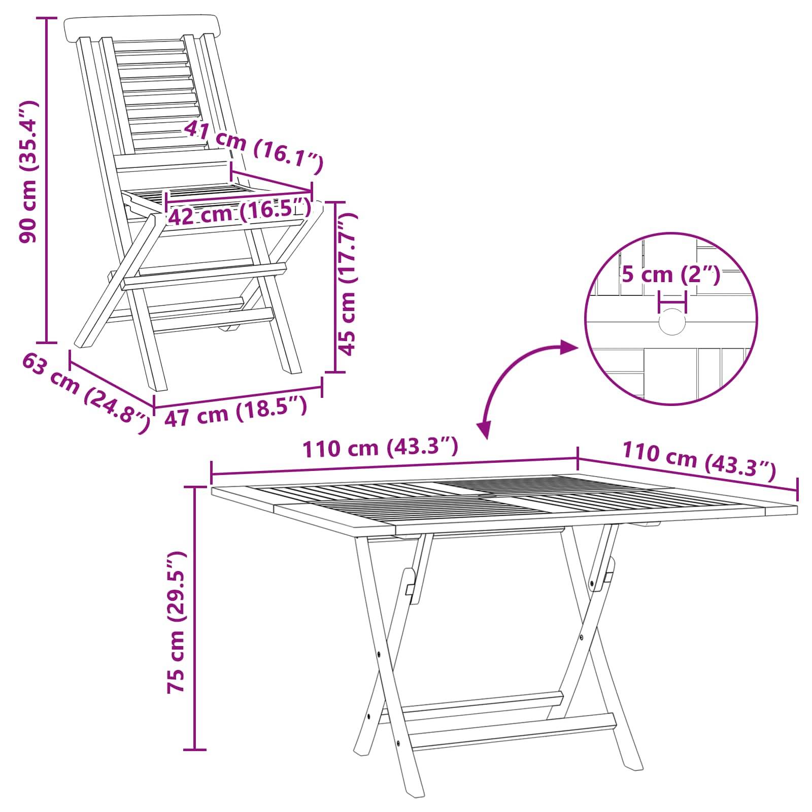 Diagramm zeigt die Abmessungen eines Klapstuhls und eines Tisches: Stuhl 90 cm hoch, 63 cm tief, 47 cm breit; Tisch 75 cm hoch, 110 cm quadratisch, mit einem 5 cm Loch-Detail.
