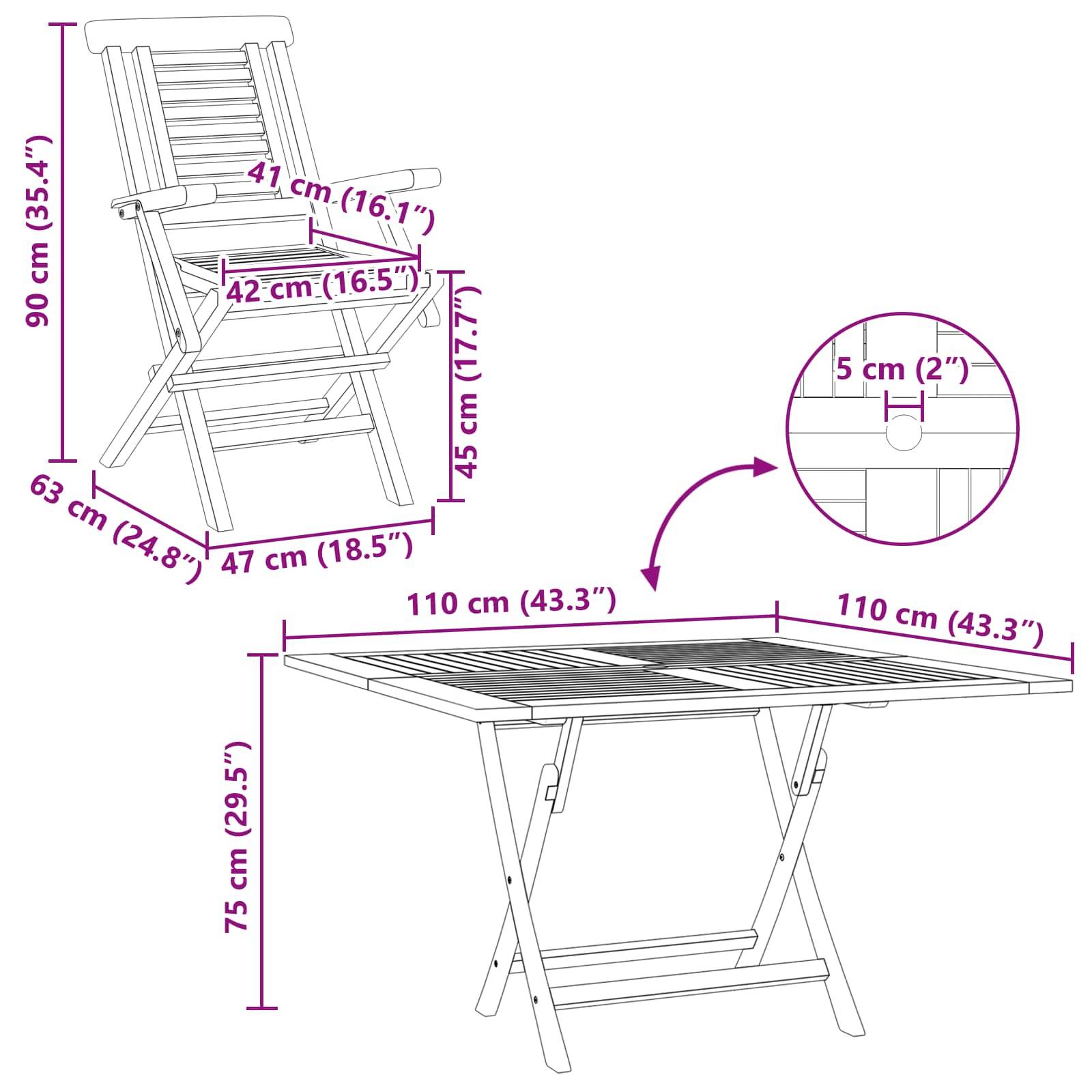 Dimensioniertes Diagramm eines Klappholzstuhls, der sich in einen Tisch umwandelt, mit Stuhl- und Tischmessungen in cm und Zoll.