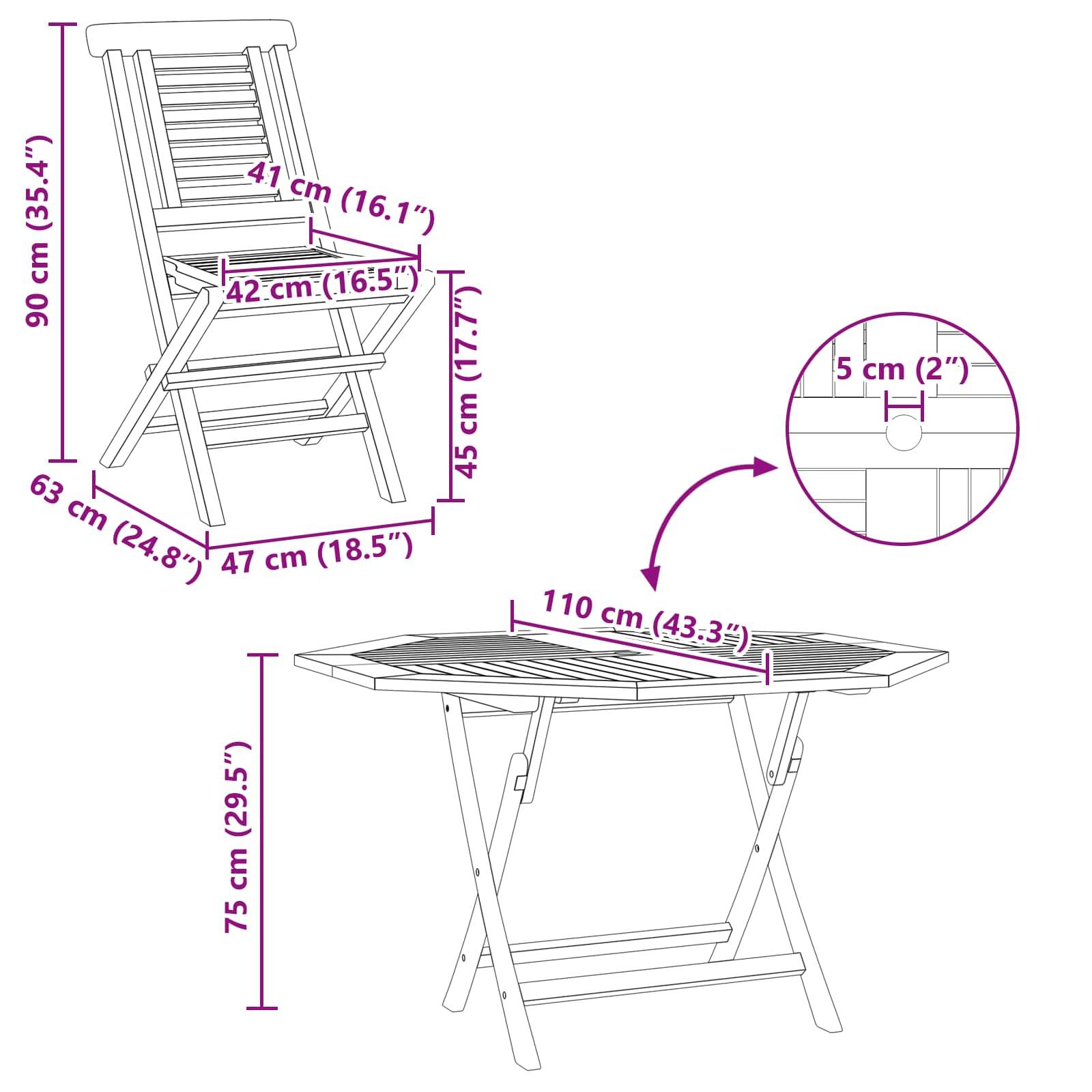 Maßstabgerechte Zeichnung eines Klappstuhls und eines passenden Tisches mit Angabe der Hauptabmessungen in cm und Zoll, einschließlich einer 5-cm-Lochdetail auf der Tischplatte.