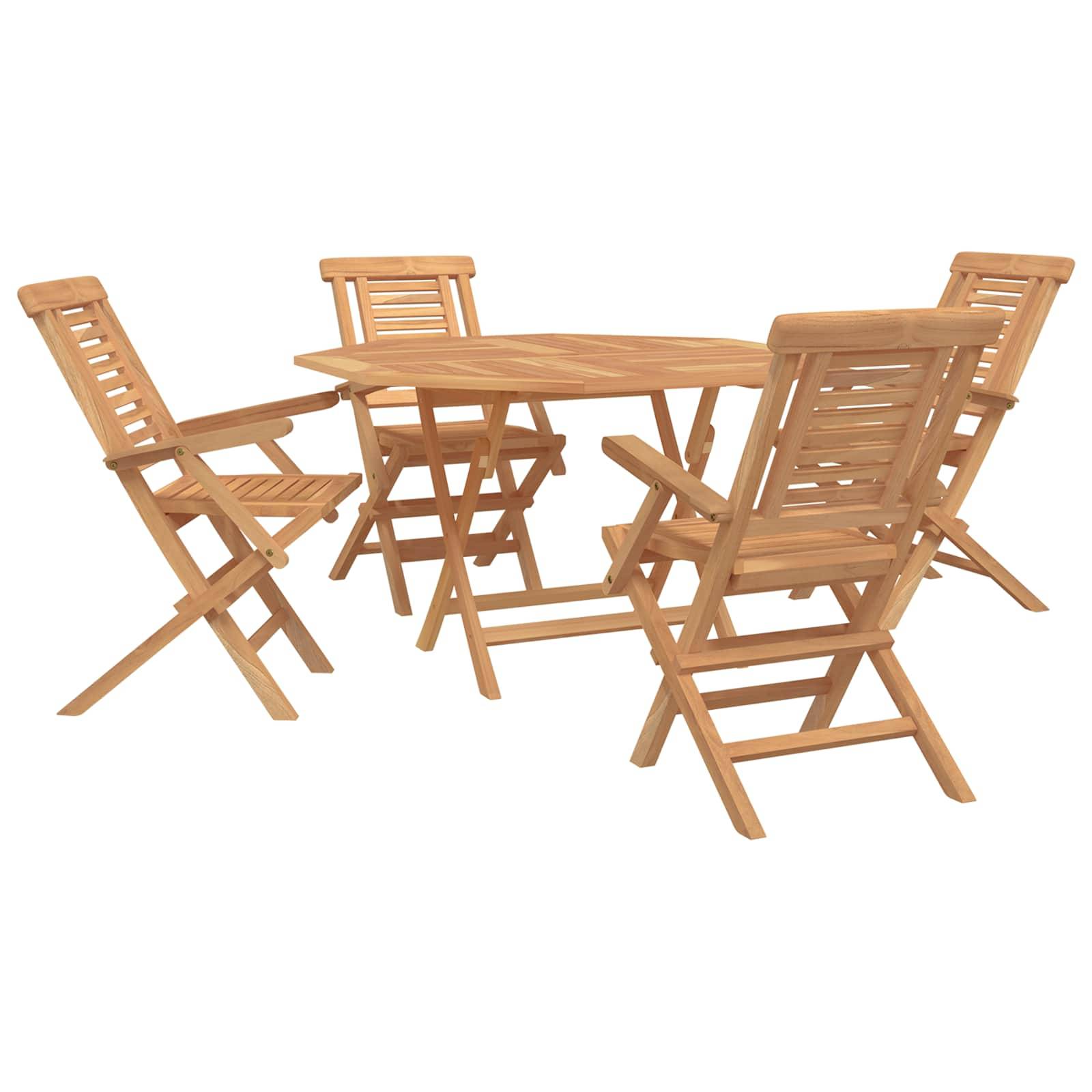 Holzgarnitur für den Außenbereich mit vier Klappstuhl um einen runden Tisch auf weißem Hintergrund.