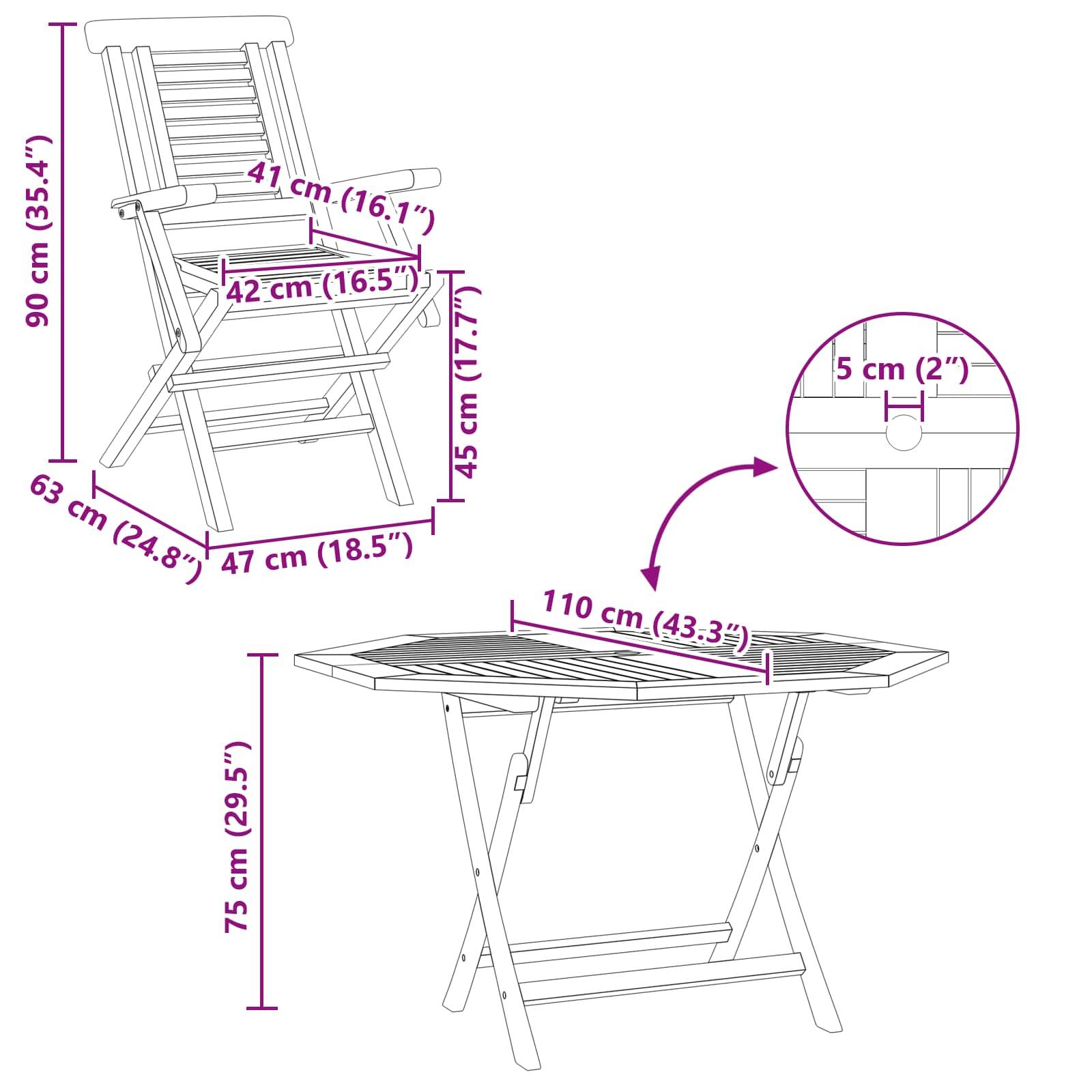 Diagramm, das einen klappbaren Holzstuhl und -tisch mit Abmessungen in cm und Zoll zeigt; Stuhl 90 cm hoch, Tisch 75 cm hoch und ein 5 cm großes Loch-Detail.