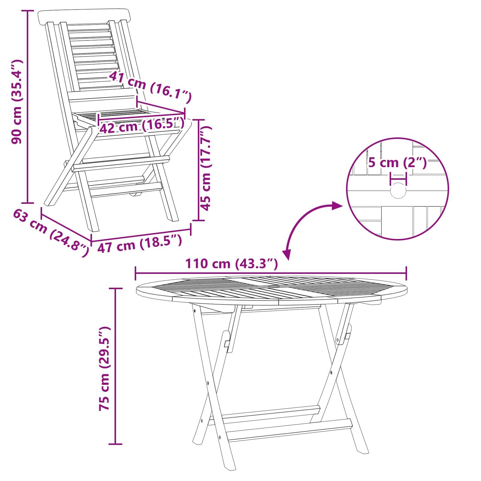 Maßstabsgerechte Zeichnung eines zusammenklappbaren Holzstuhls und eines passenden Tisches mit Gesamtabmessungen, Sitzmessungen, Tischhöhe und einer Detailzeichnung eines 5 cm Schirmlochlochs.