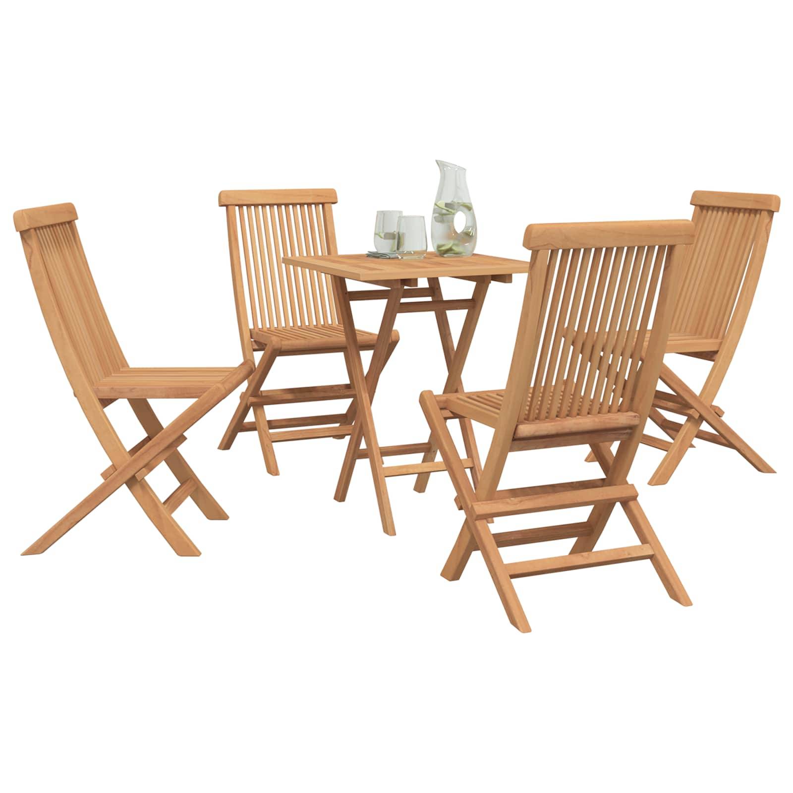 Holztisch aus Holz mit Klappmechanismus für die Terrasse mit vier passenden Stühlen, dargestellt als Essgruppe auf weißem Hintergrund.