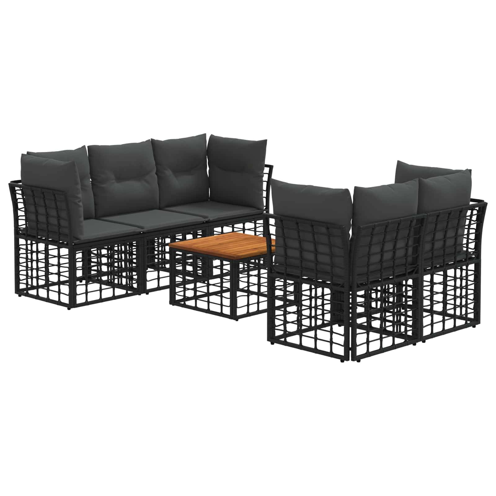 Schwarze Metallgartenmöbel-Sitzgruppe im Freien mit zwei gepolsterten Zweisitzern und einem kleinen Couchtisch mit Holzplatte auf weißem Hintergrund.