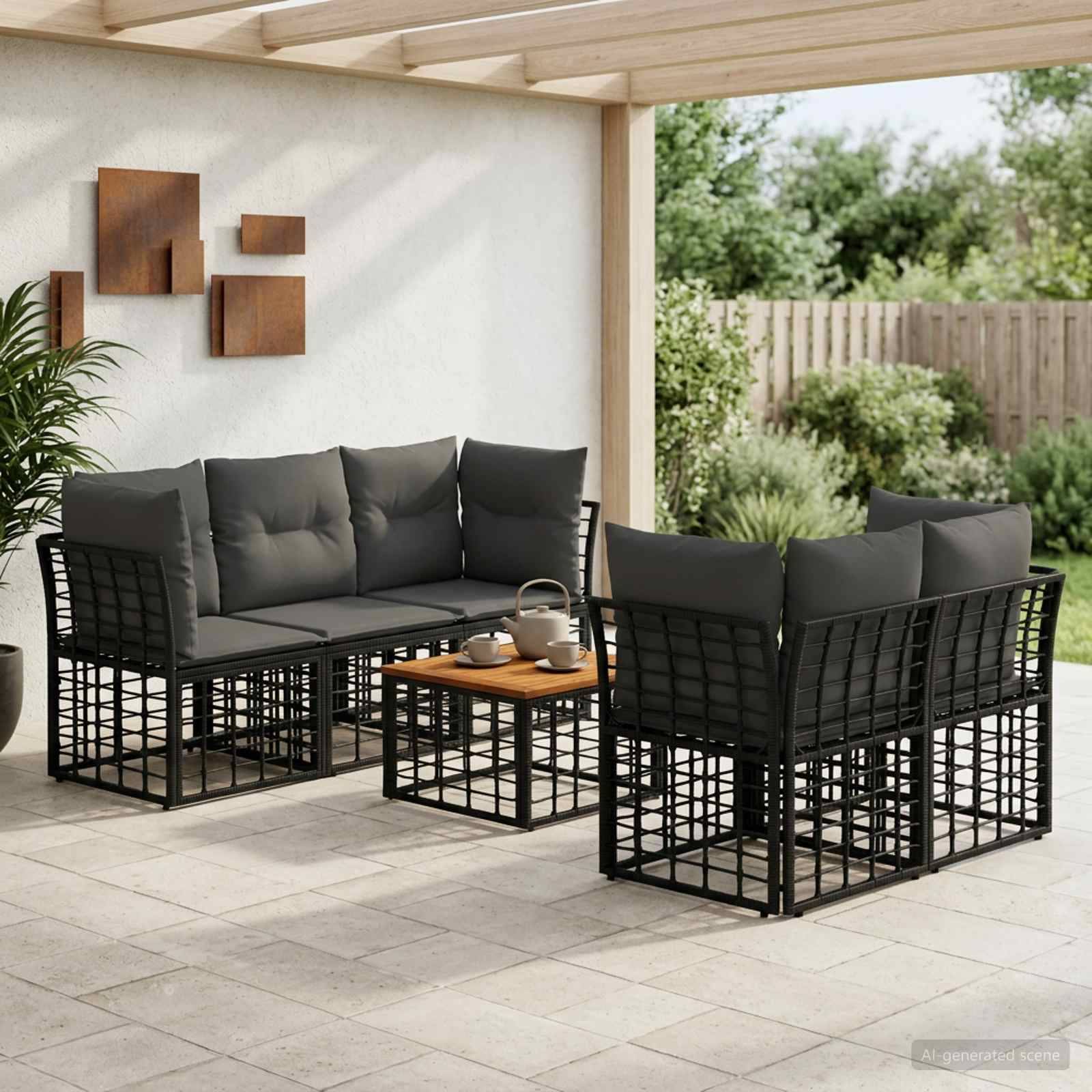 Modernes Gartenmöbel-Set im Freien mit schwarzen Metallrahmen, grauen Kissen und einem kleinen hölzernen Couchtisch unter einer überdachten Pergola.