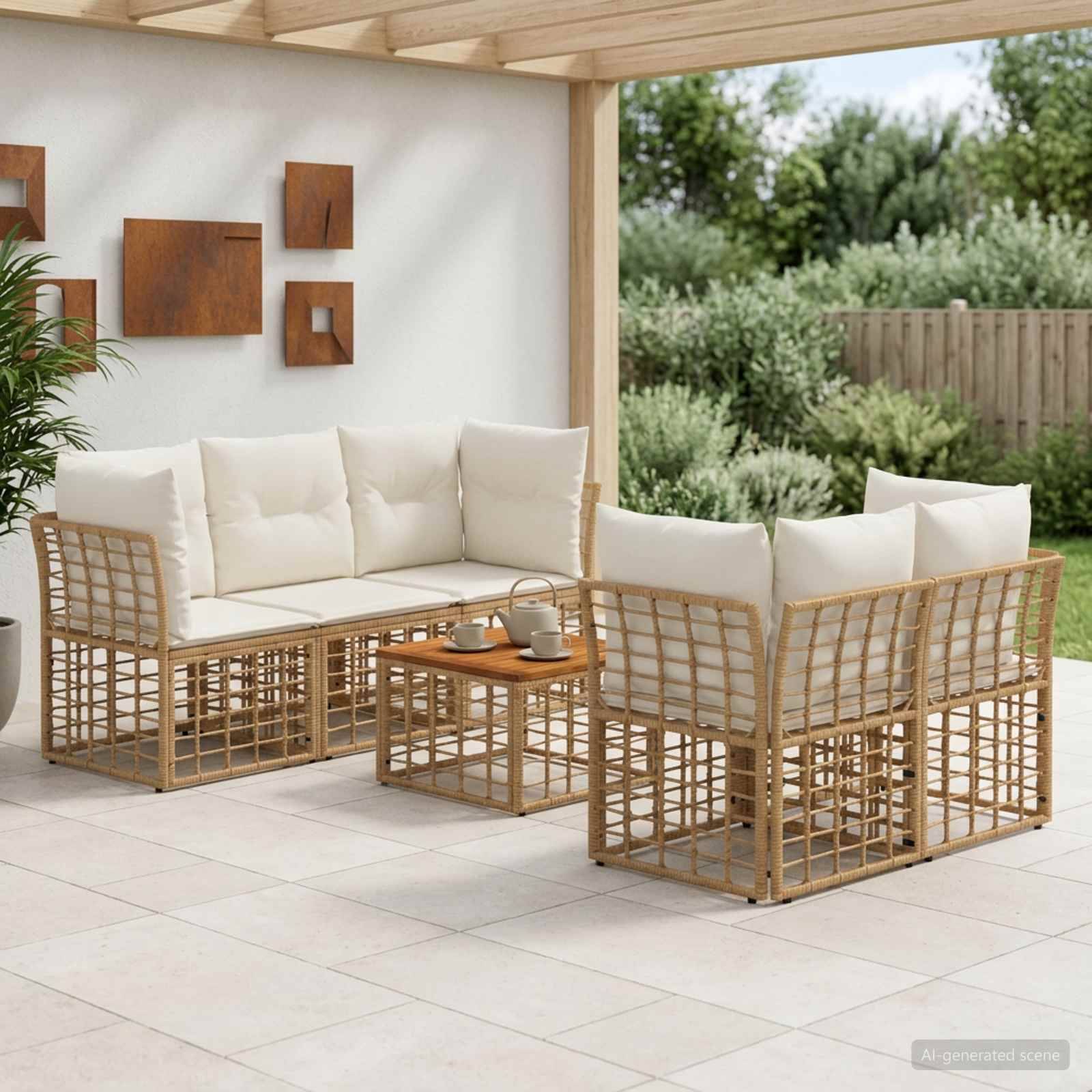 Überdachter Außenbereich mit zwei Korbsofas, einem passenden Couchtisch, cremefarbenen Kissen und Wandkunst unter einem Dach.