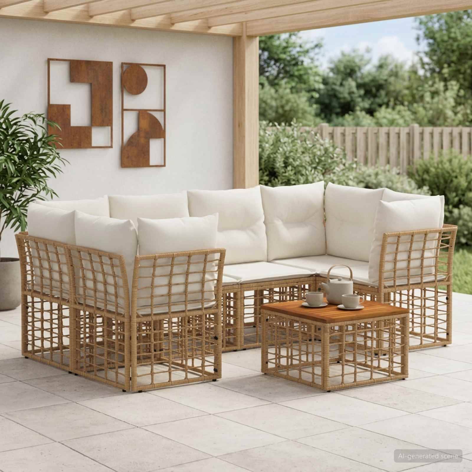 Gartentegelset mit Rattansofa, cremefarbenen Kissen und passendem Couchtisch unter einer überdachten Terrasse.