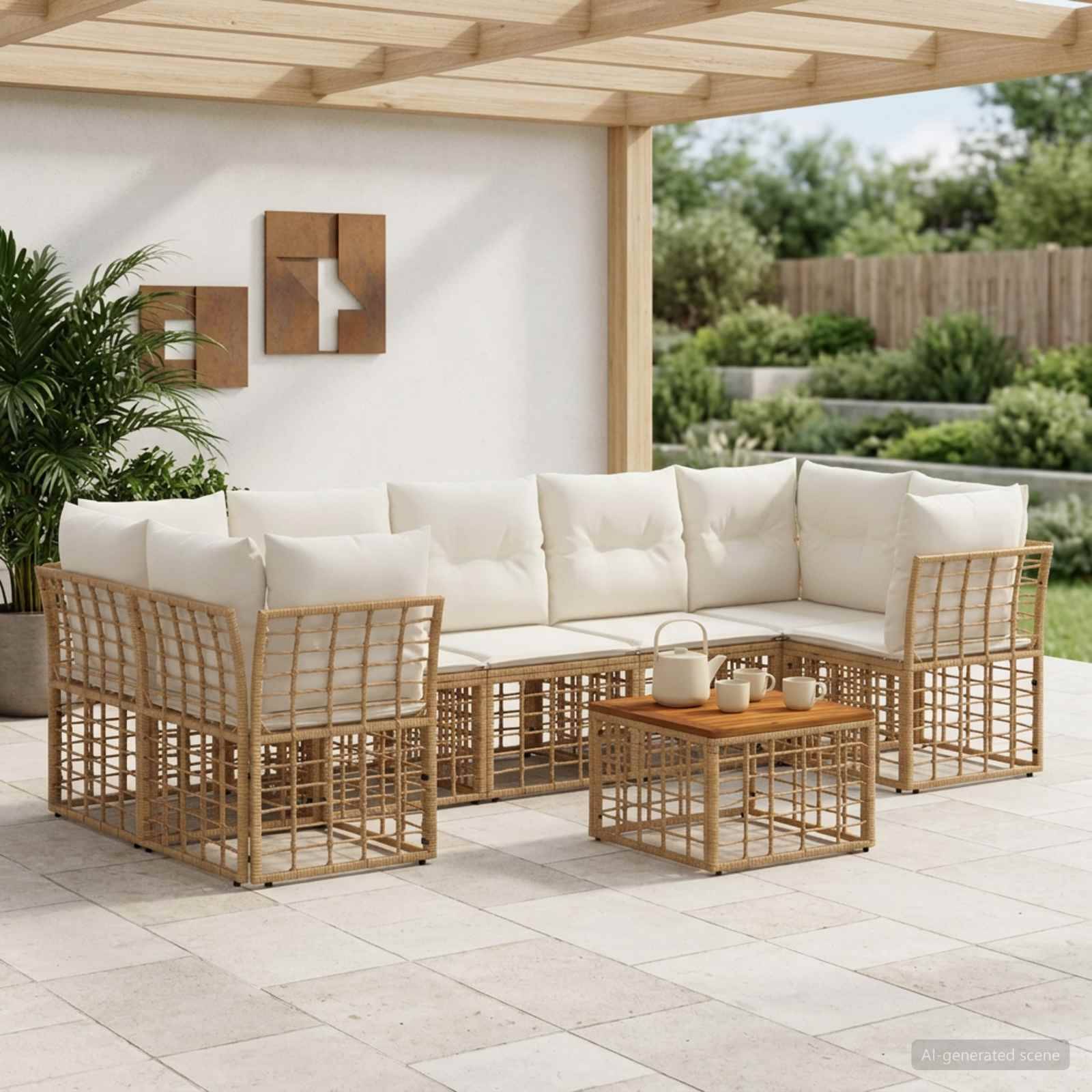 Outdoor-Terrassenlounge-Set mit cremefarbenen Kissen, geflochtenem Rattan-Ecksofa und passendem Couchtisch in einem überdachten Gartenbereich.