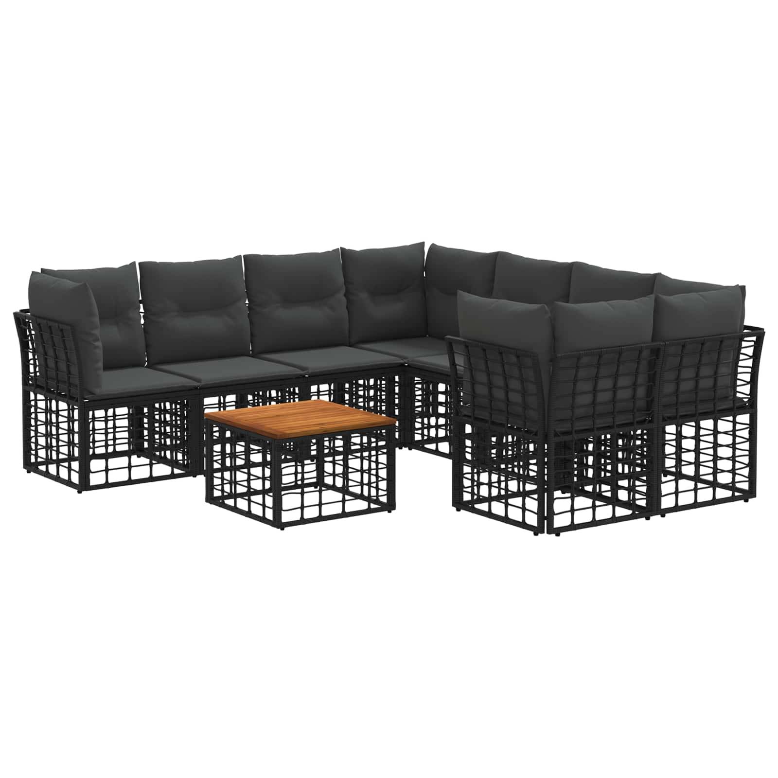 Schwarzes Outdoor-Sectional-Sofa-Set mit gepolsterten Sitzflächen und hölzernem Couchtisch auf weißem Hintergrund.