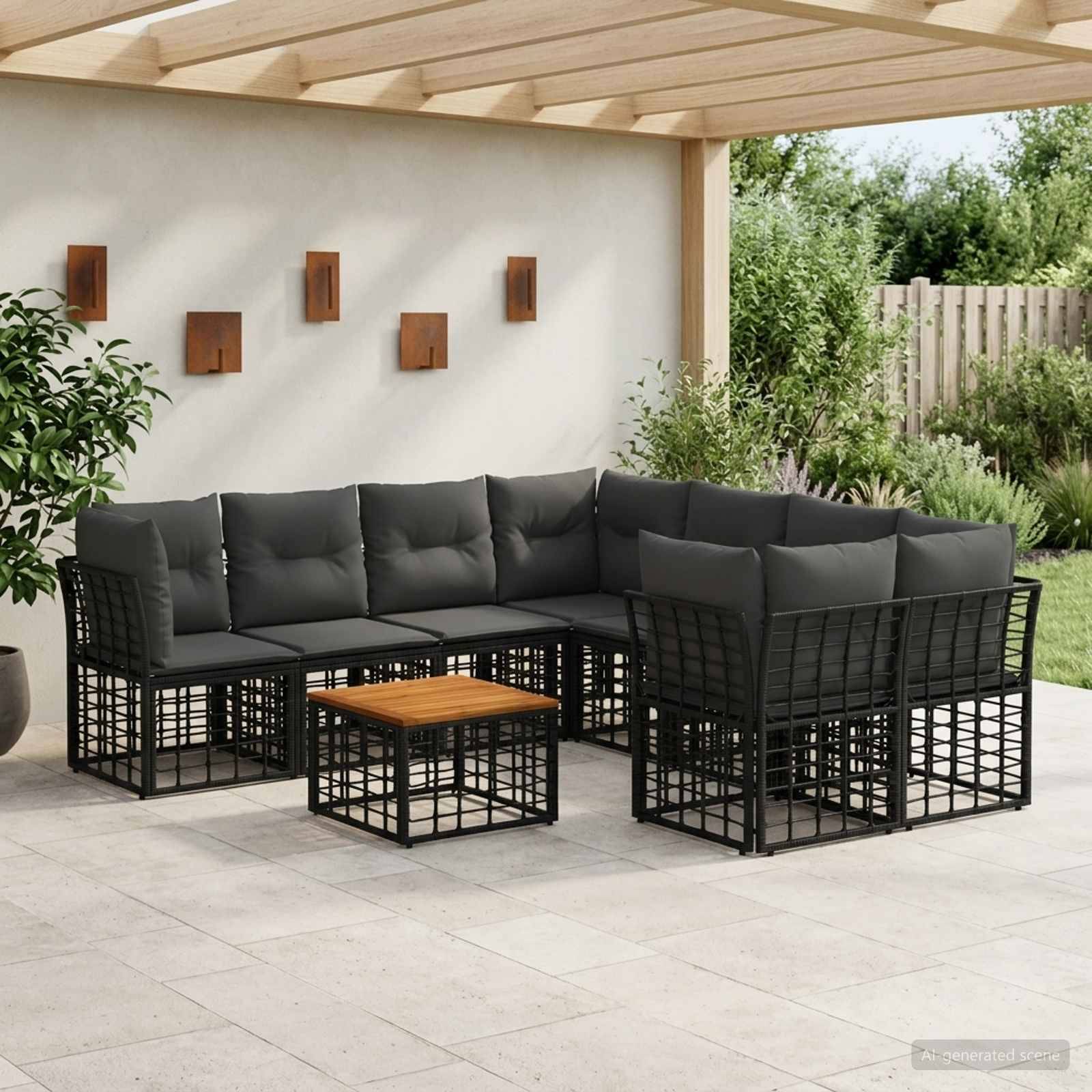 Schwarze Metall-Gartensofagarnitur im Outdoor-Stil mit grauen Kissen und passendem quadratischem Couchtisch auf einer überdachten Terrasse.