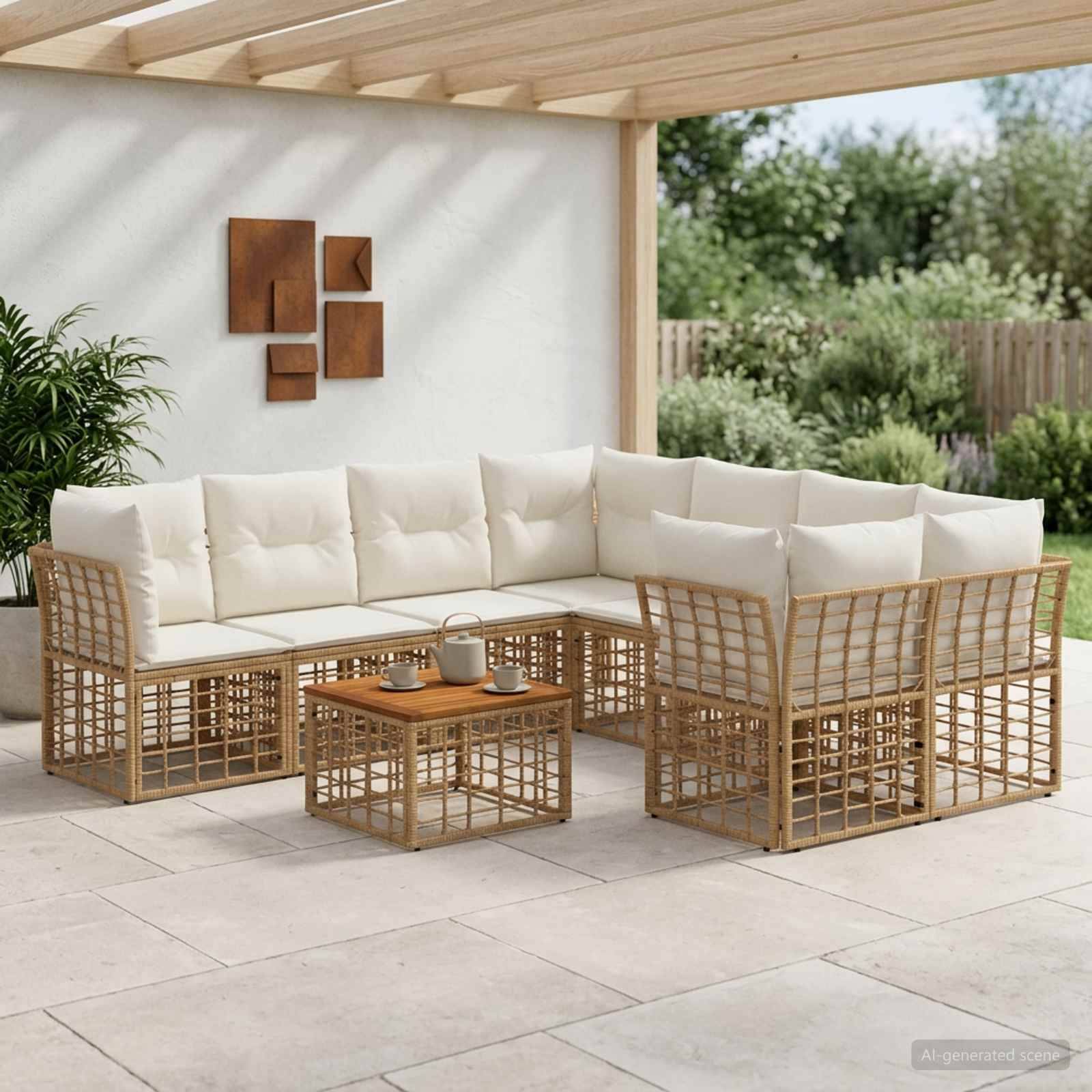 Outdoor-Terrasse mit einer L-förmigen Rattan-Eckcouch, passendem Couchtisch und cremefarbenen Kissen unter einer überdachten Pergola.