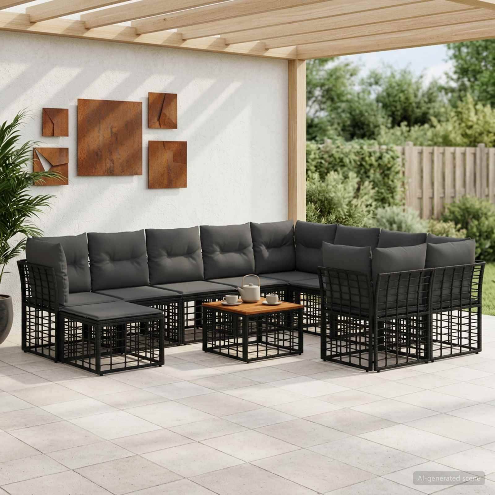 Schwarzes Metall-Außensektional-Lounge-Set mit grauen Kissen und passendem Couchtisch auf einer überdachten Terrasse.