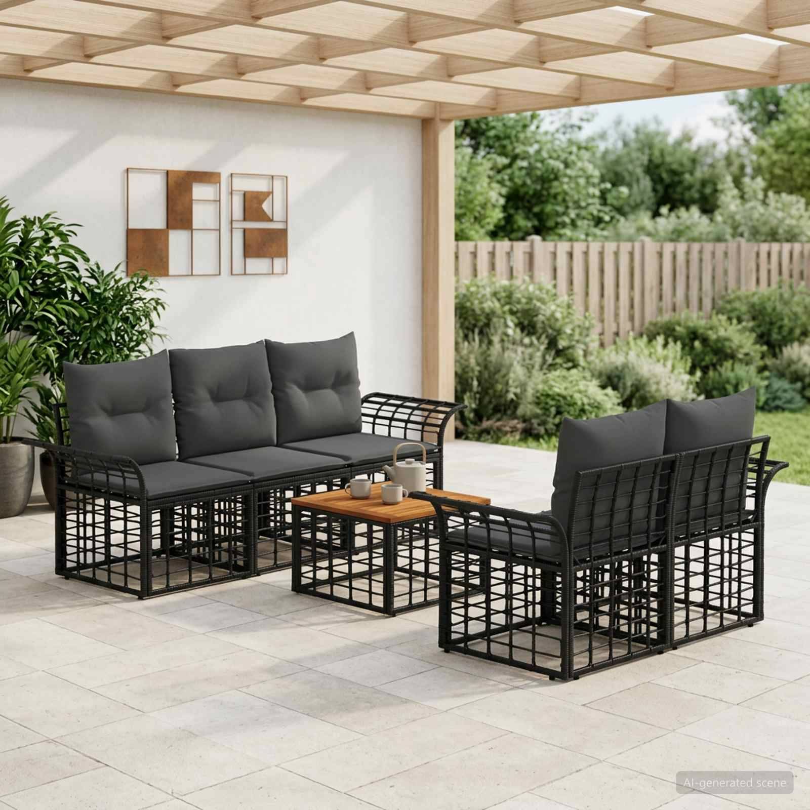 Gartenmöbel-Set mit schwarzem Metallrahmen für die Terrasse, bestehend aus Sofa, Zweisitzer-Liege, Sessel und Couchtisch auf einer überdachten Terrasse neben einem Garten.