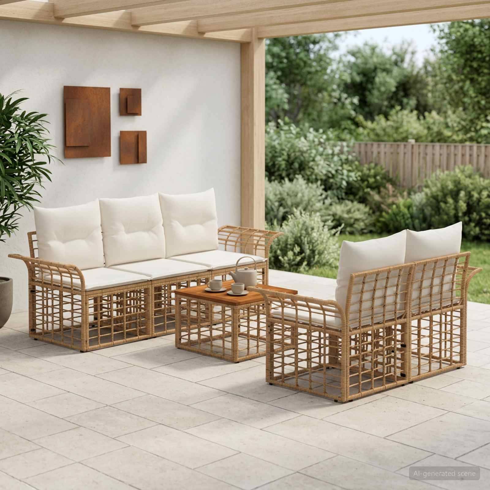 Sitzmöbel für die Terrasse im Freien mit sofaähnlichem Geflecht-Design, zwei Stühlen und Couchtisch auf einer gefliesten Terrasse neben einem Garten.