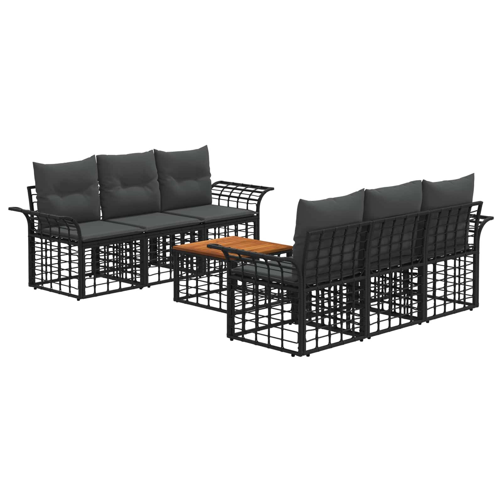 Schwarzes Metall-Außensofa- und Loveseat-Set mit dunklen Kissen und einem kleinen Holz-Couchtisch, gezeigt auf weißem Hintergrund.