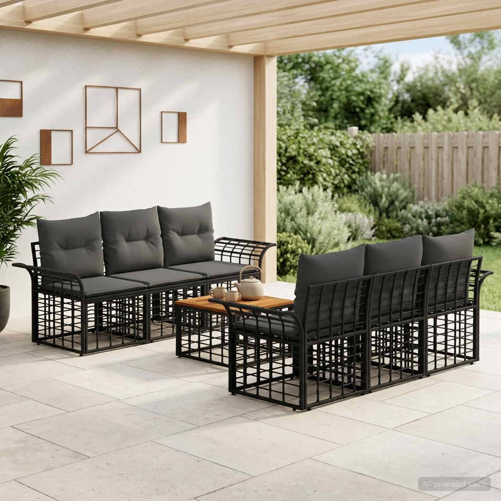 Modernes Outdoor-Sitzgarnitur auf einer Terrasse mit zwei schwarzen Metallsofas, Couchtisch und Kissen unter einer überdachten Veranda.