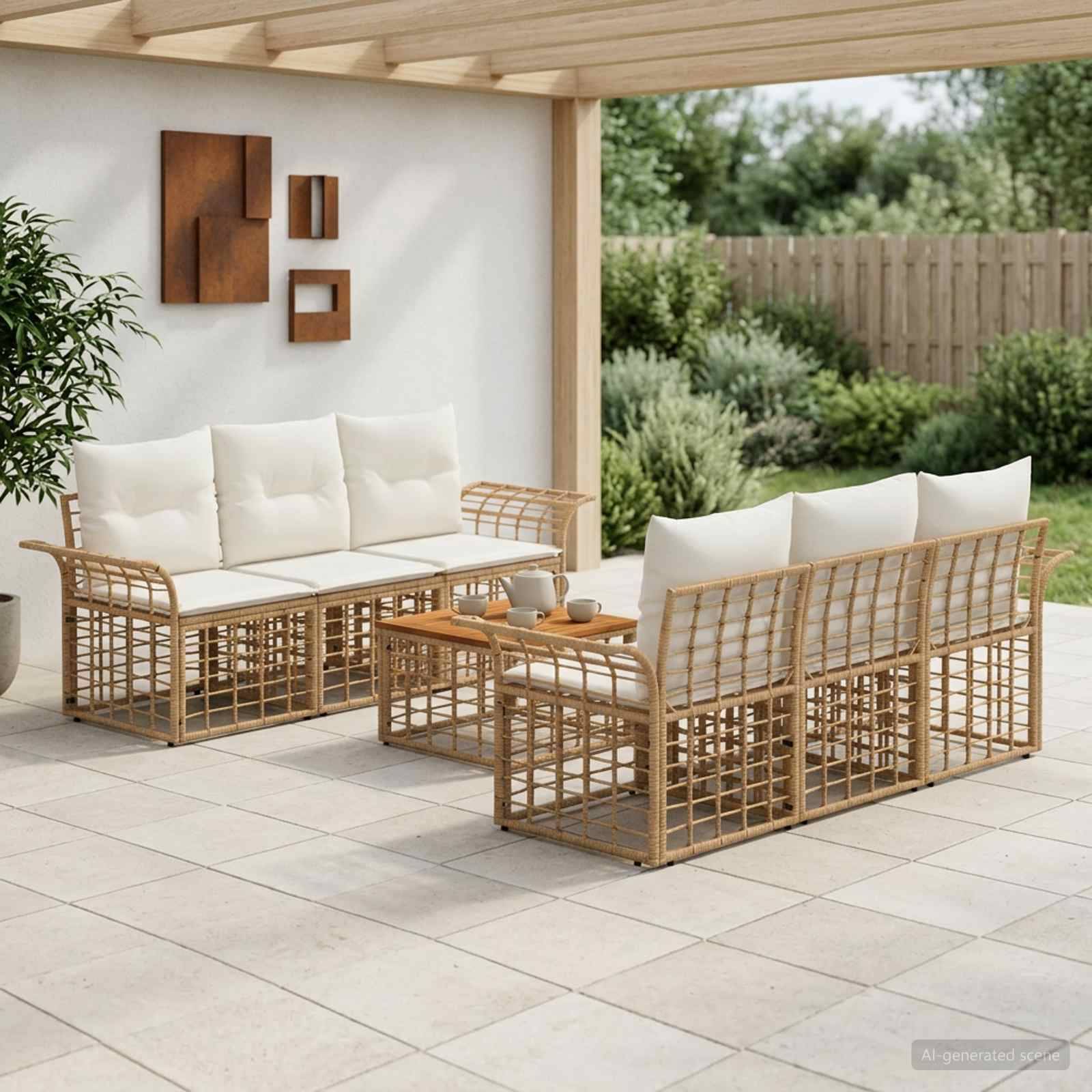 Modernes Außenbereich-Sitzmöbelset mit Sofas in Rattanrahmen, Sesseln, Couchtisch und weißen Kissen unter einer überdachten Terrasse.