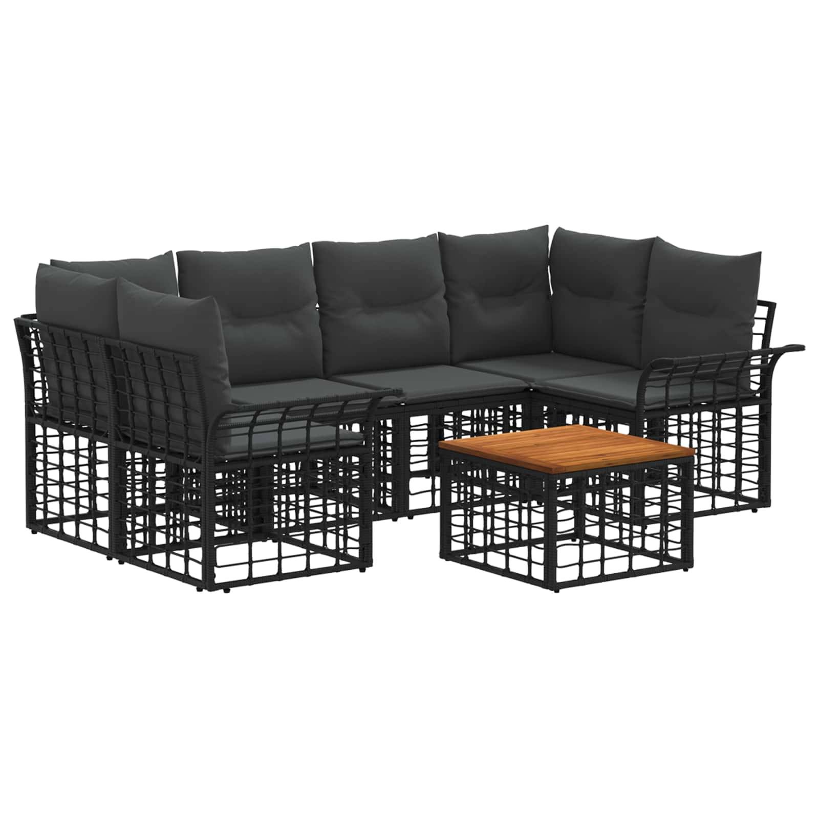 Schwarzes Metall-Außenecksofa mit grauen Kissen und einem kleinen passenden Couchtisch mit Holzplatte auf weißem Hintergrund