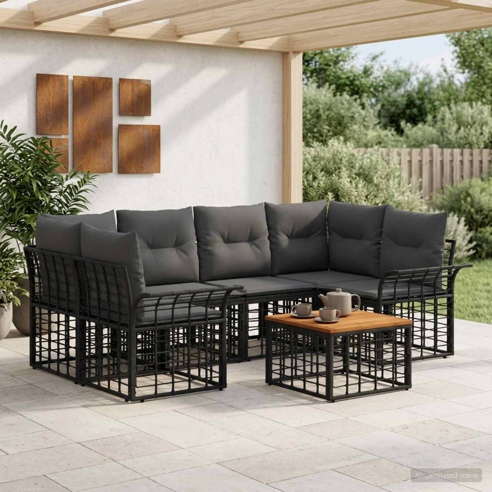 Outdoor-Patio-Ecksofa mit dunklen Kissen und schwarzen Metallrahmen um einen niedrigen Couchtisch, unter einer überdachten Pergola.