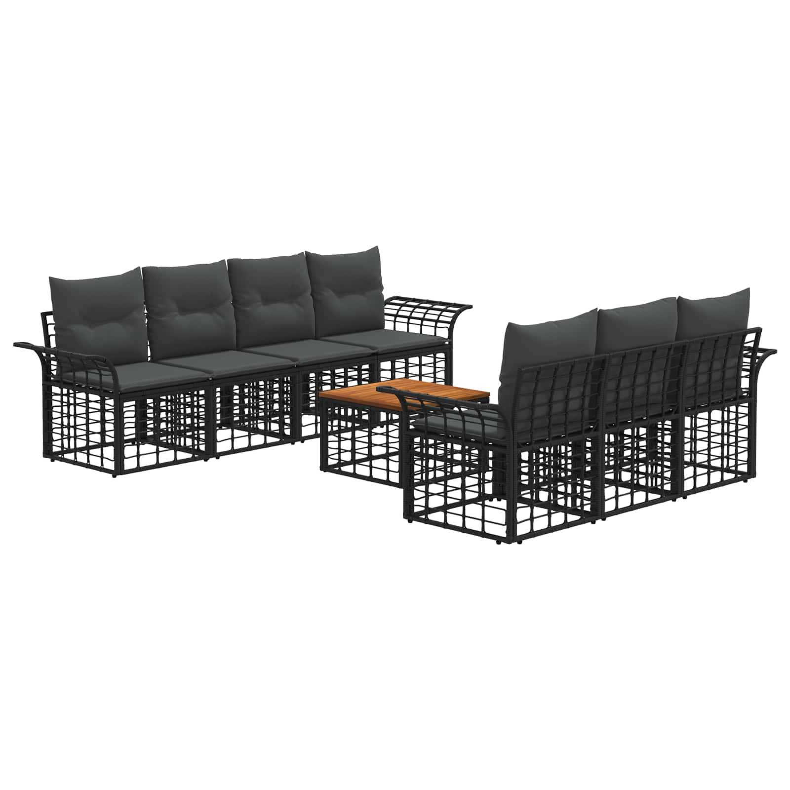 Outdoor-Rattankörper-Patio-Ecksofa-Set in Schwarz mit dunklen Kissen und einem kleinen Couchtisch mit Holzplatte, dargestellt in zwei sich gegenüberliegenden Sitzelementen.