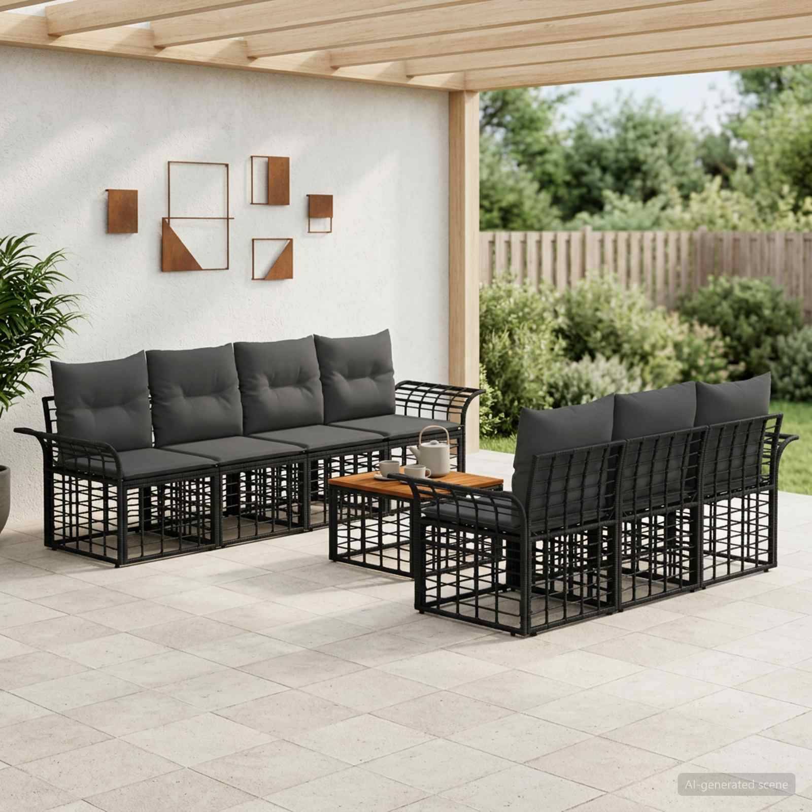 Outdoor-Sitzgarnitur auf einer Terrasse mit zwei schwarzen Metallrahmen-Sofas und einem passenden Couchtisch unter einer überdachten Terrasse, mit grauen Kissen und Gartenblick.