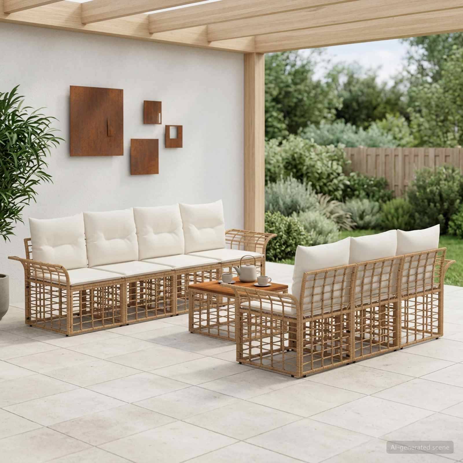 Terrasse im Freien mit zwei Korbsofas und einem passenden Couchtisch unter einer überdachten Pergola, mit einem Gartenhintergrund.