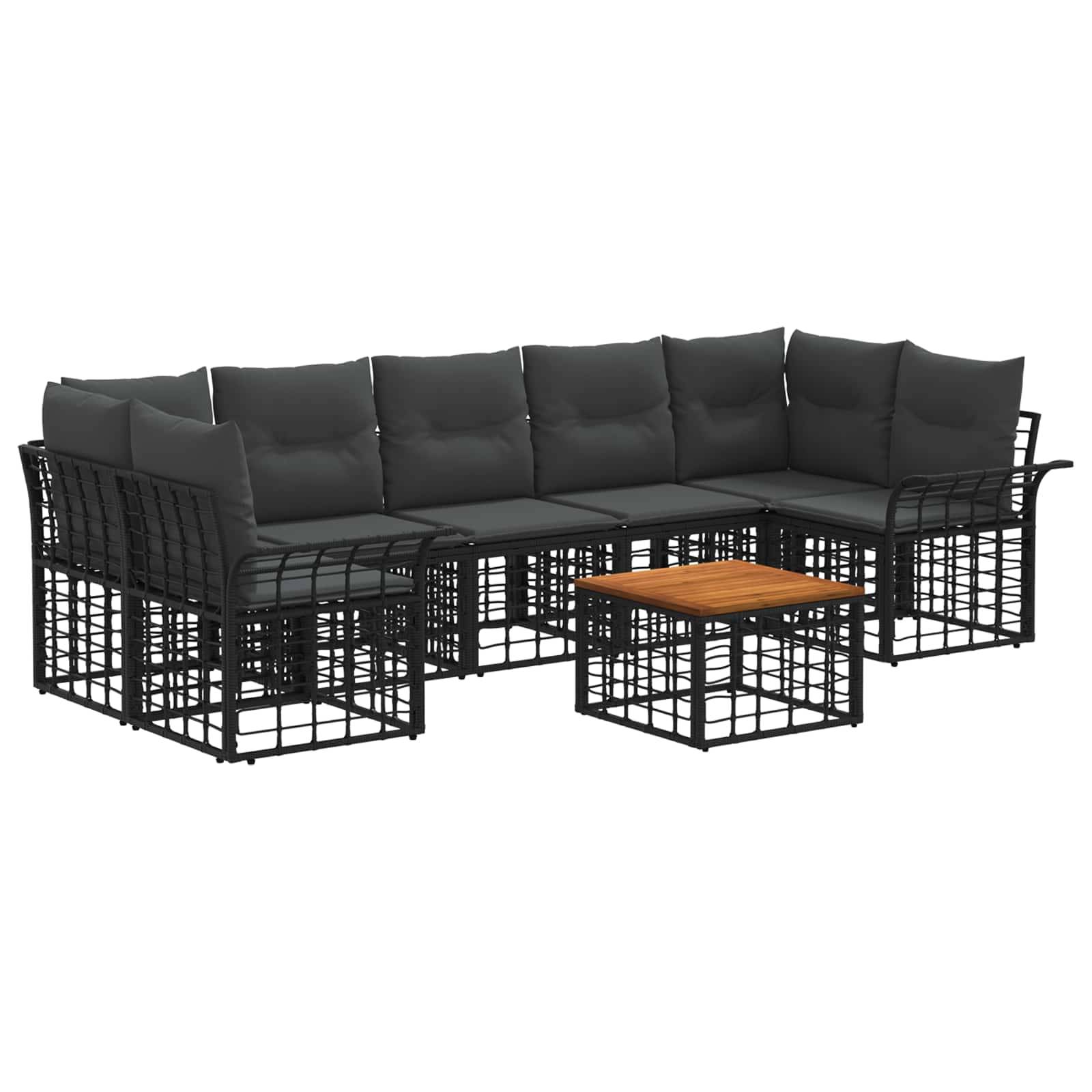 Schwarze Outdoor-Ecksofa-Garnitur mit dunklen Kissen und einem kleinen Couchtisch mit Holzplatte auf weißem Hintergrund.