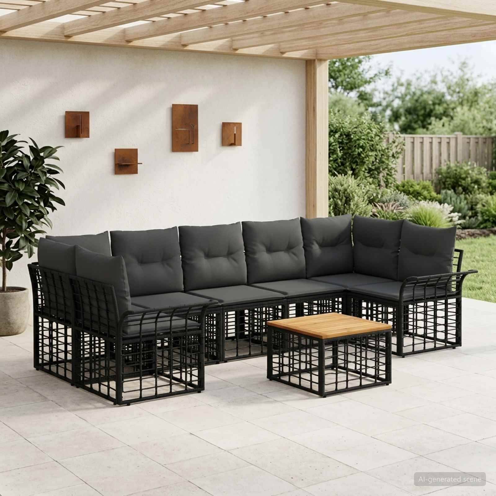 Outdoor-Terrassensektionalsofa mit dunklen Kissen und schwarzem Metallrahmen, angeordnet um einen kleinen Holz-Couchtisch unter einer Pergola.