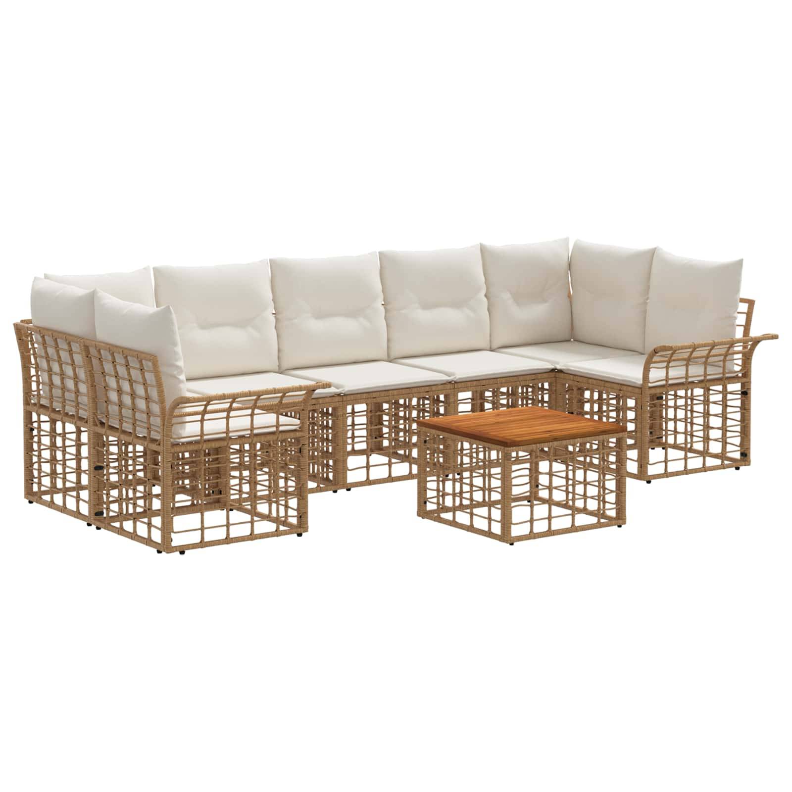 Gartensofagarnitur in L-Form aus Rattan mit weißen Polstern und passendem Couchtisch mit Holzplatte