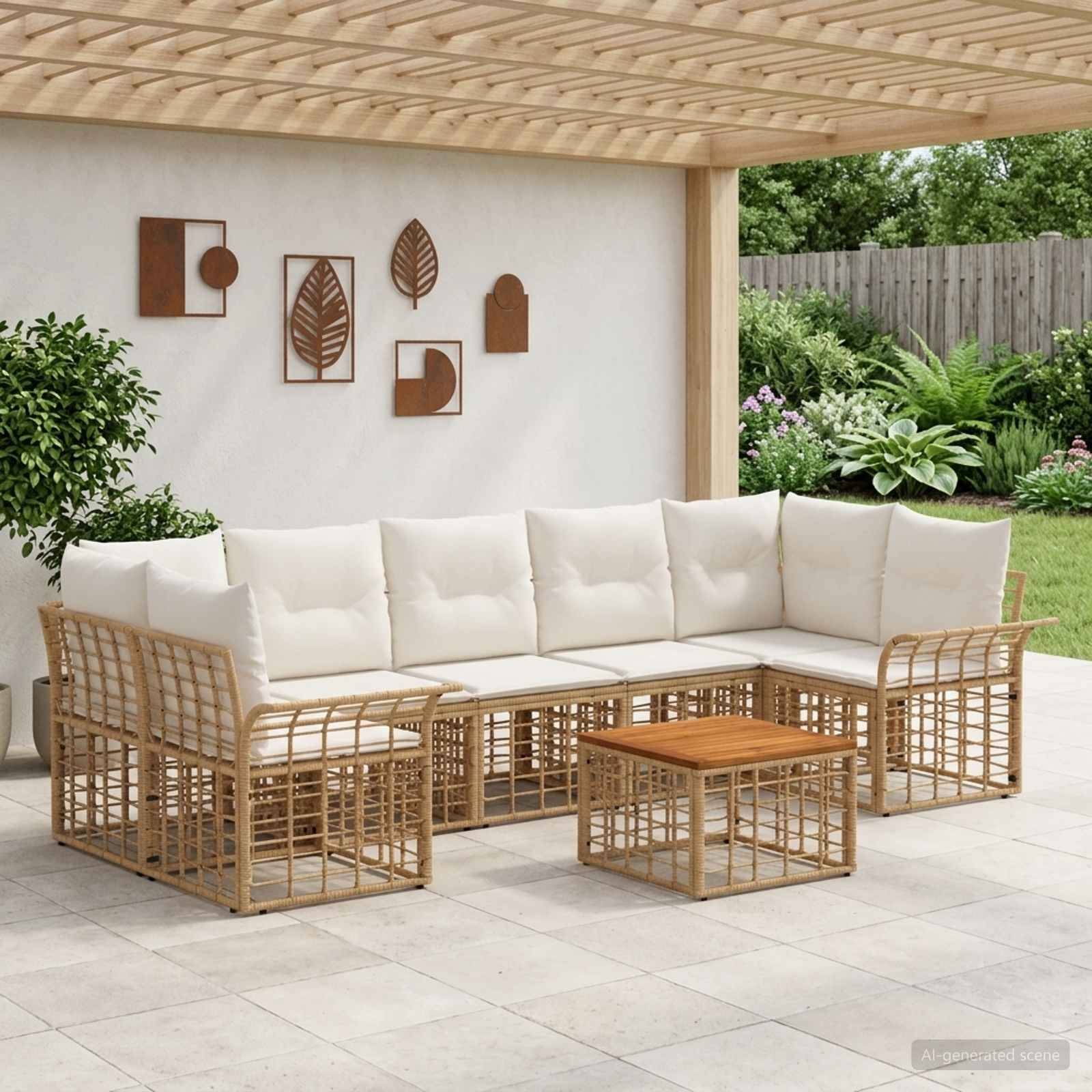 Outdoor-Sitzbereich mit beigefarbenen Kissen, Rattan-Ecksofa und passendem Couchtisch unter einer lamellenbespannten Pergola.