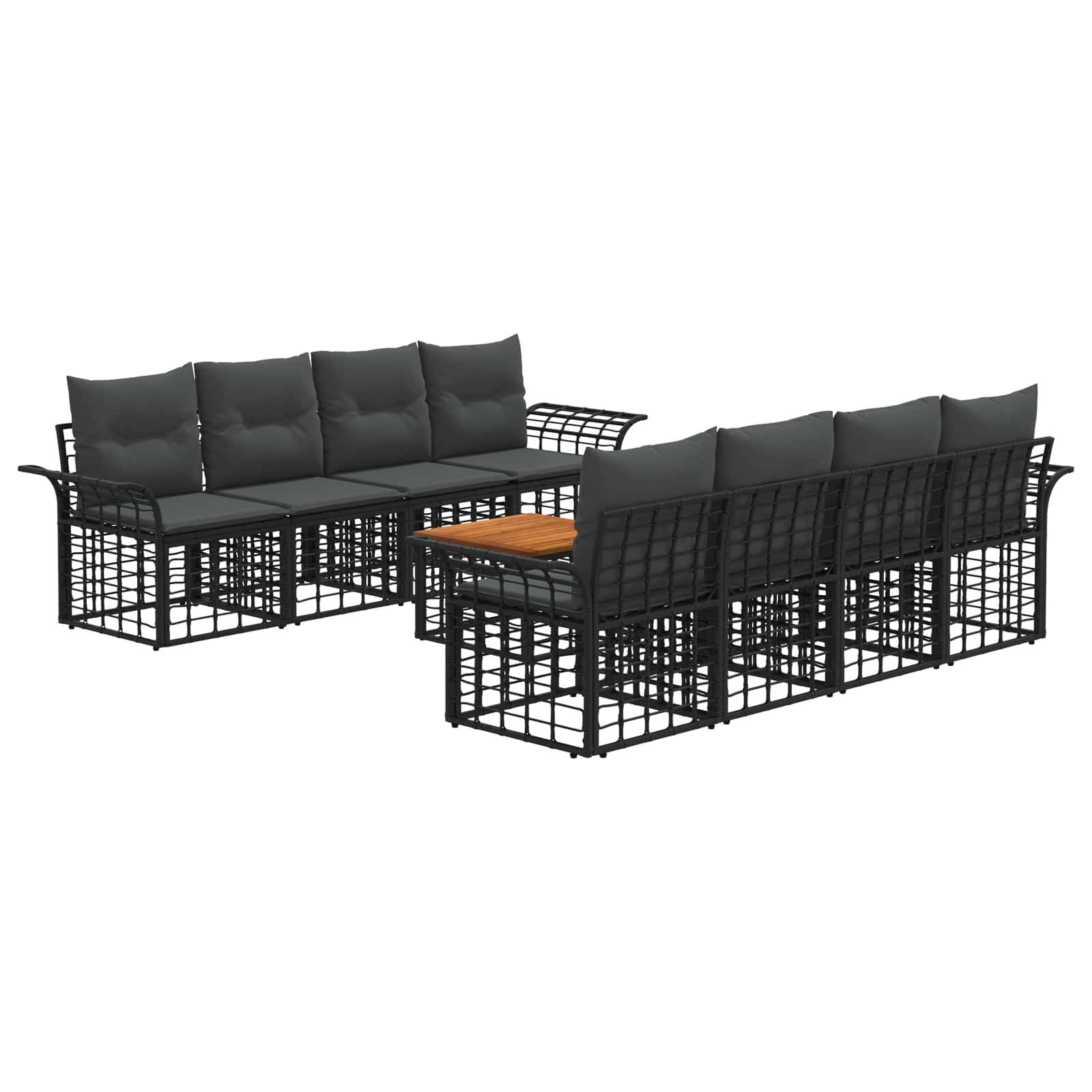 Schwarzes Metall-Außensofa-Set mit grauen Kissen und einem kleinen Couchtisch mit Holzplatte, auf weißem Hintergrund dargestellt.