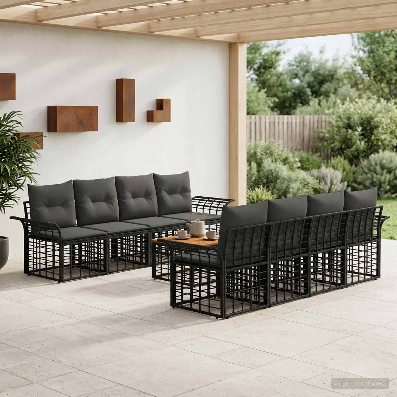 Modernes Außen-Sitzset mit schwarzen Metallsofas und grauen Kissen um einen hölzernen Couchtisch unter einer überdachten Pergola.