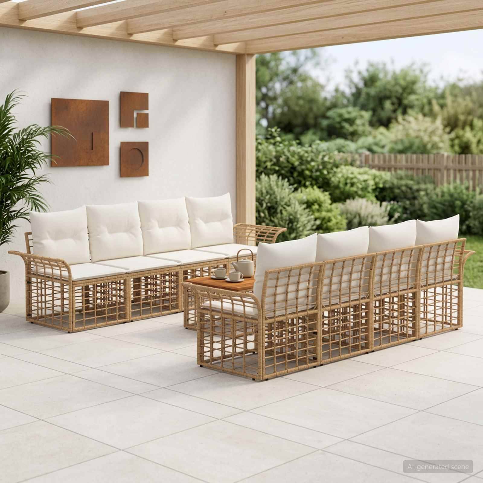 Outdoor-Terrasse mit zwei Korbsofas und einem Couchtisch auf einer überdachten Veranda mit Blick auf einen Garten.