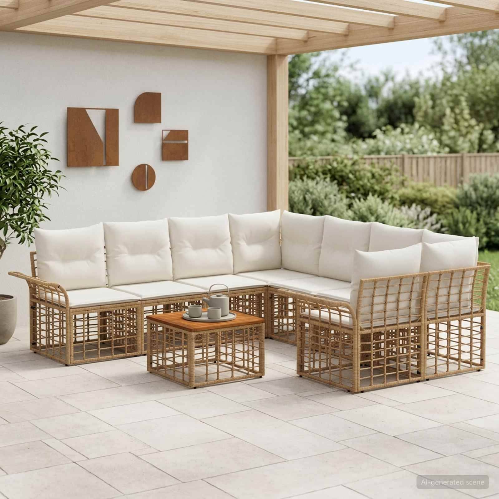Modernes Outdoor-Patio-Sitzmöbel-Set mit L-förmigem Korbsofa, Kissen und passendem Couchtisch unter einer Holzpergola.