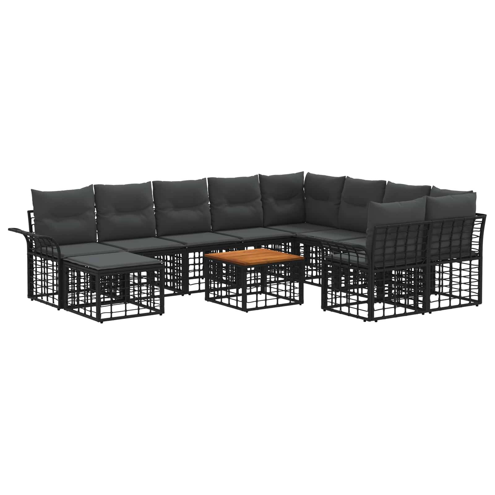 Schwarze L-förmige Outdoor-Ecksofa-Garnitur mit dunklen Kissen und passendem Mesh-Rahmen, plus kleiner Couchtisch mit Holzplatte.