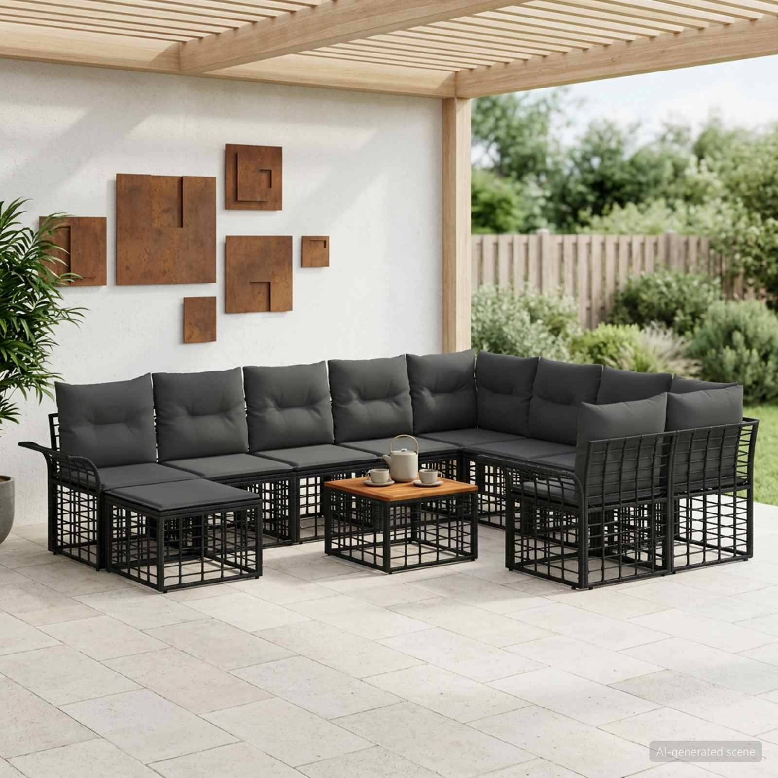 Terrasse im Freien mit schwarzem modularem Ecksofa, passenden Stühlen, Ottomanen und Couchtisch unter einer Pergola neben einer Gartenmauer.