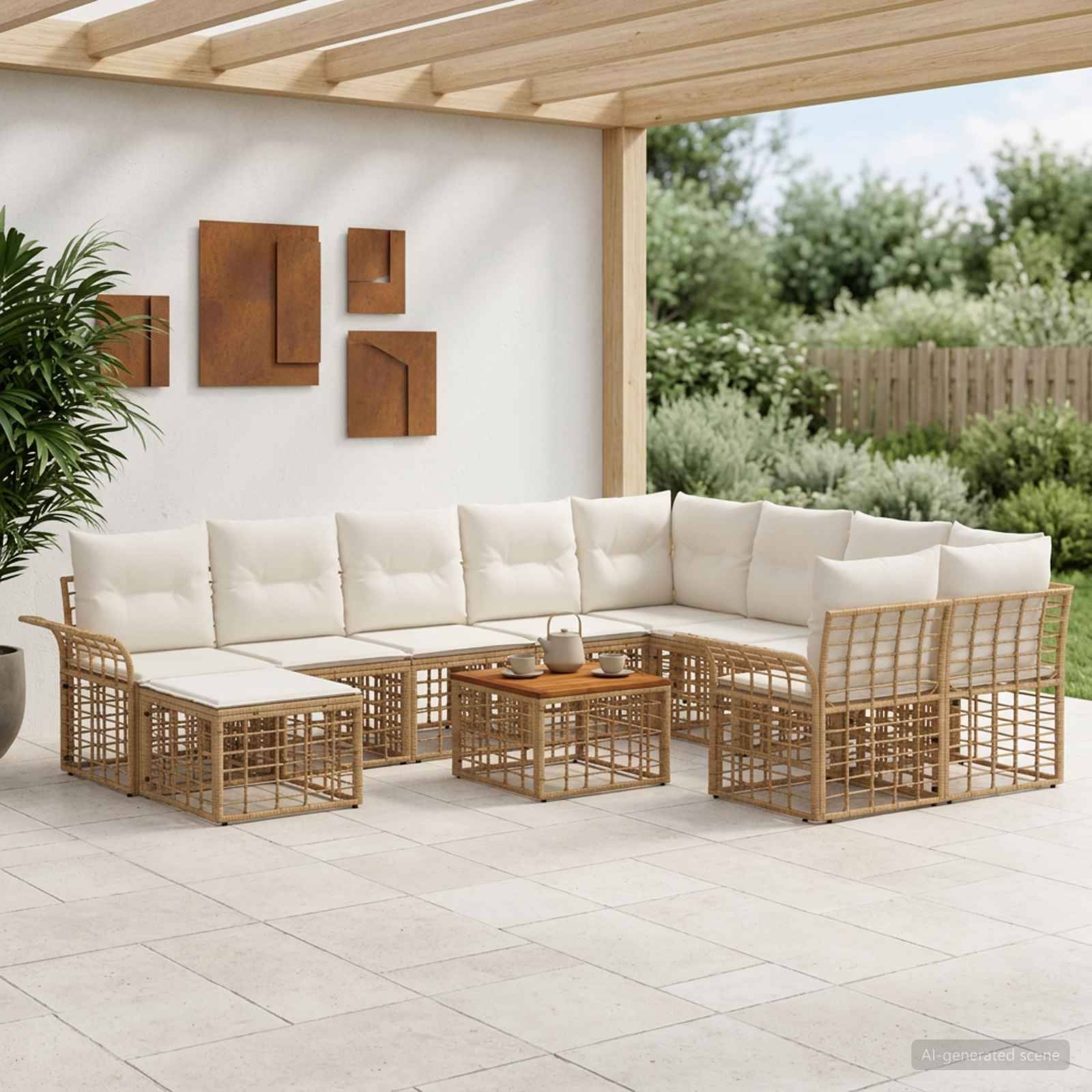 Outdoor-Sitzgarnitur für die Terrasse mit cremefarbenen Kissen und geflochtenen Rattanrahmen, angeordnet um niedrige Couchtische unter einer überdachten Pergola.