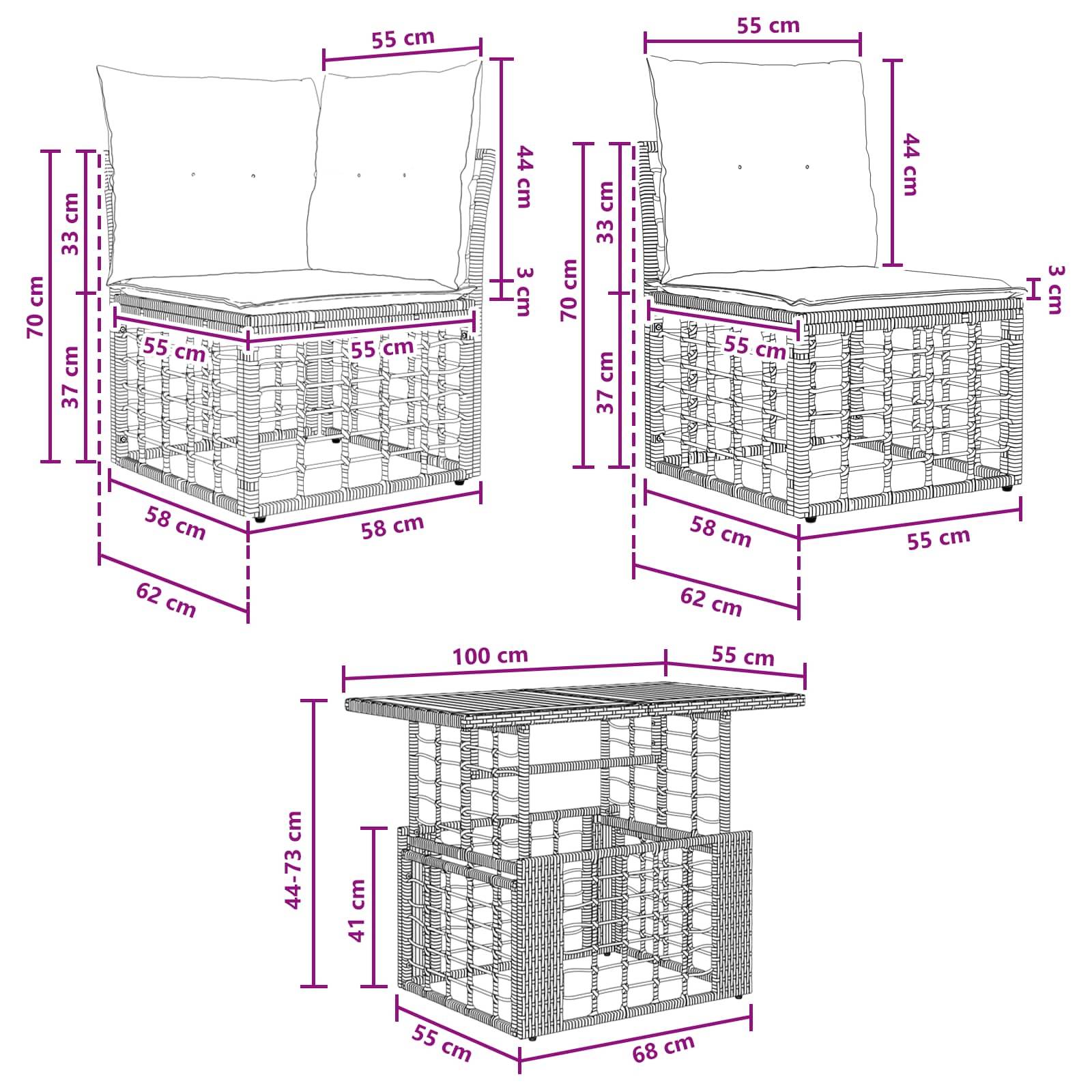 Maßstabgerechte Zeichnung eines Korbmöbel-Sessels und eines passenden Würfeltisches: Sessel 70 cm hoch mit 55 cm Sitzfläche und 44 cm Rückenlehne; Tisch 44–73 cm hoch, 100 x 55 cm Tischplatte.