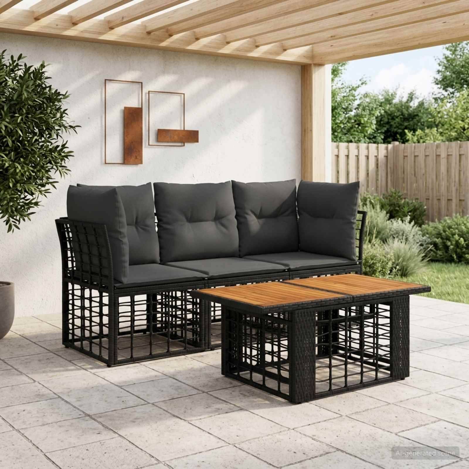 Outdoor-Terrassenmöbel-Set mit schwarzem geflochtenem Sofa, gepolsterten Stühlen und passendem Couchtisch unter einer hölzernen Pergola.