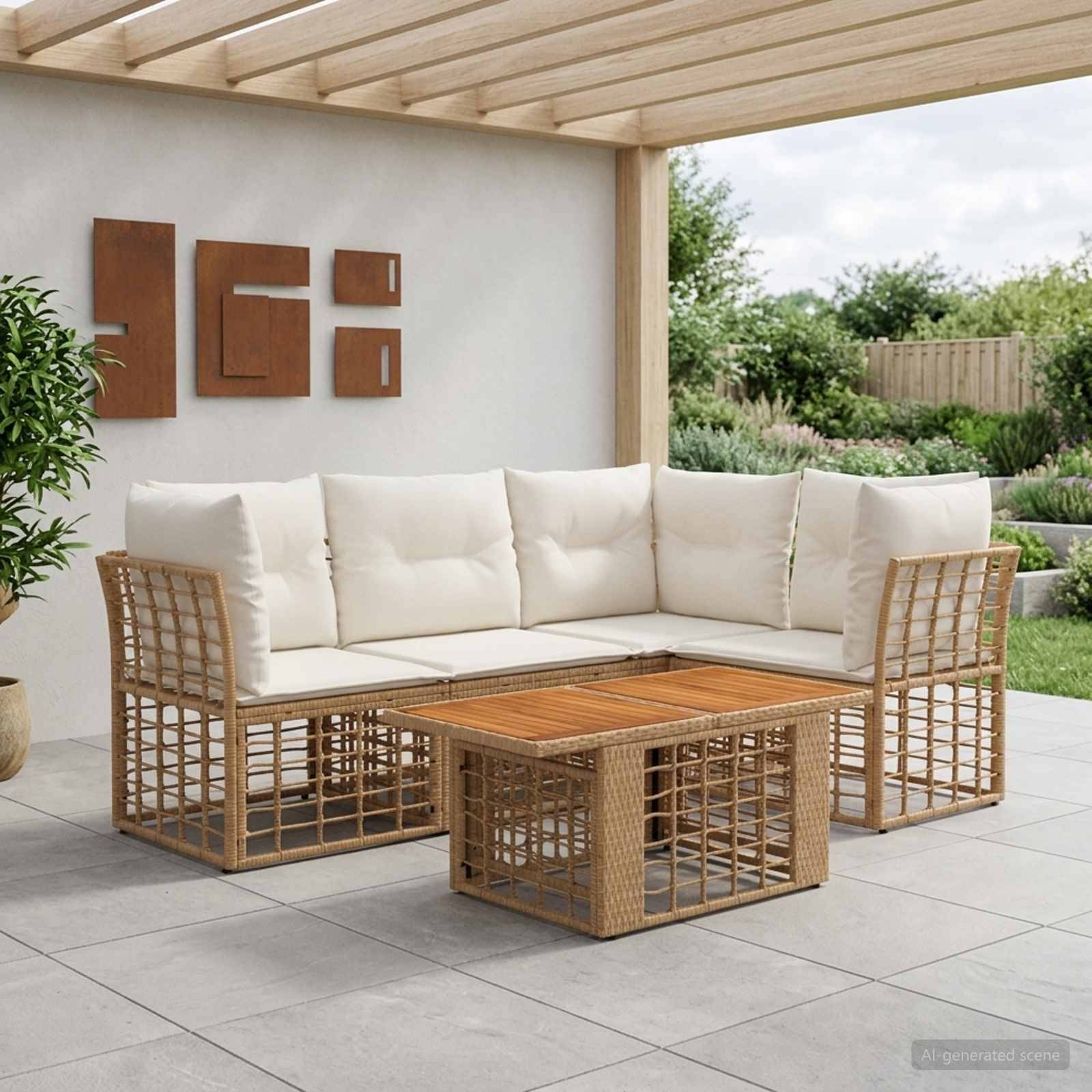 Außenbereich-Sitzmöbel-Set mit cremefarbenen Kissen und geflochtenem Rattan-Sofa und Couchtisch unter einer Pergola, dargestellt in einer Gartenumgebung.