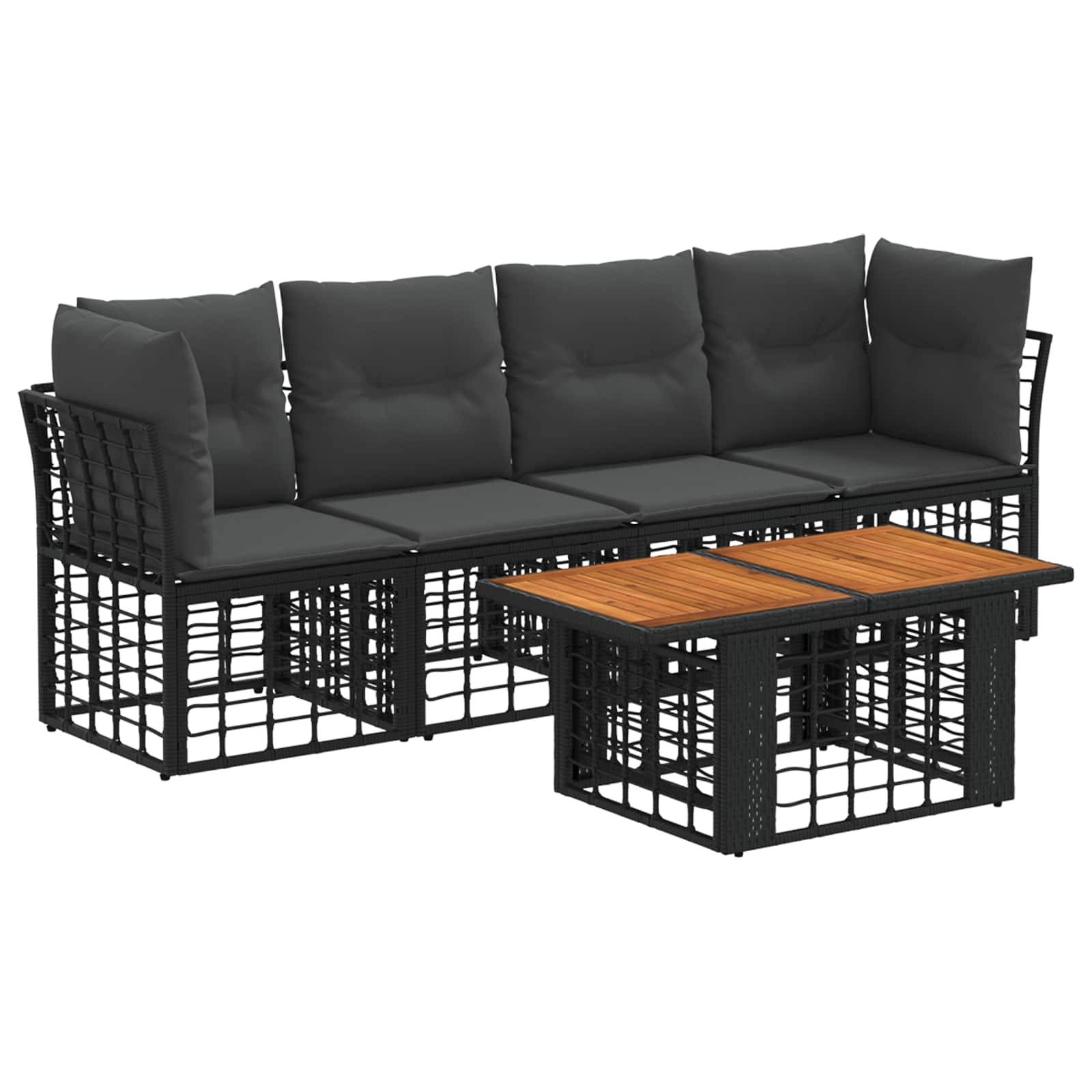Schwarzes Outdoor-Ecksofa mit Kissen und einem passenden Couchtisch mit Holzplatte auf weißem Hintergrund.