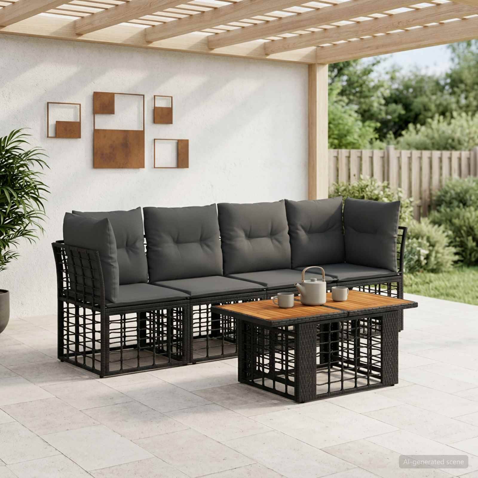 Outdoor-Sitzmöbel-Set aus Loungesofa mit dunklen Polstern und einem Holz-Couchtisch mit Lamellenbau unter einer Pergola in einem modernen Garten.