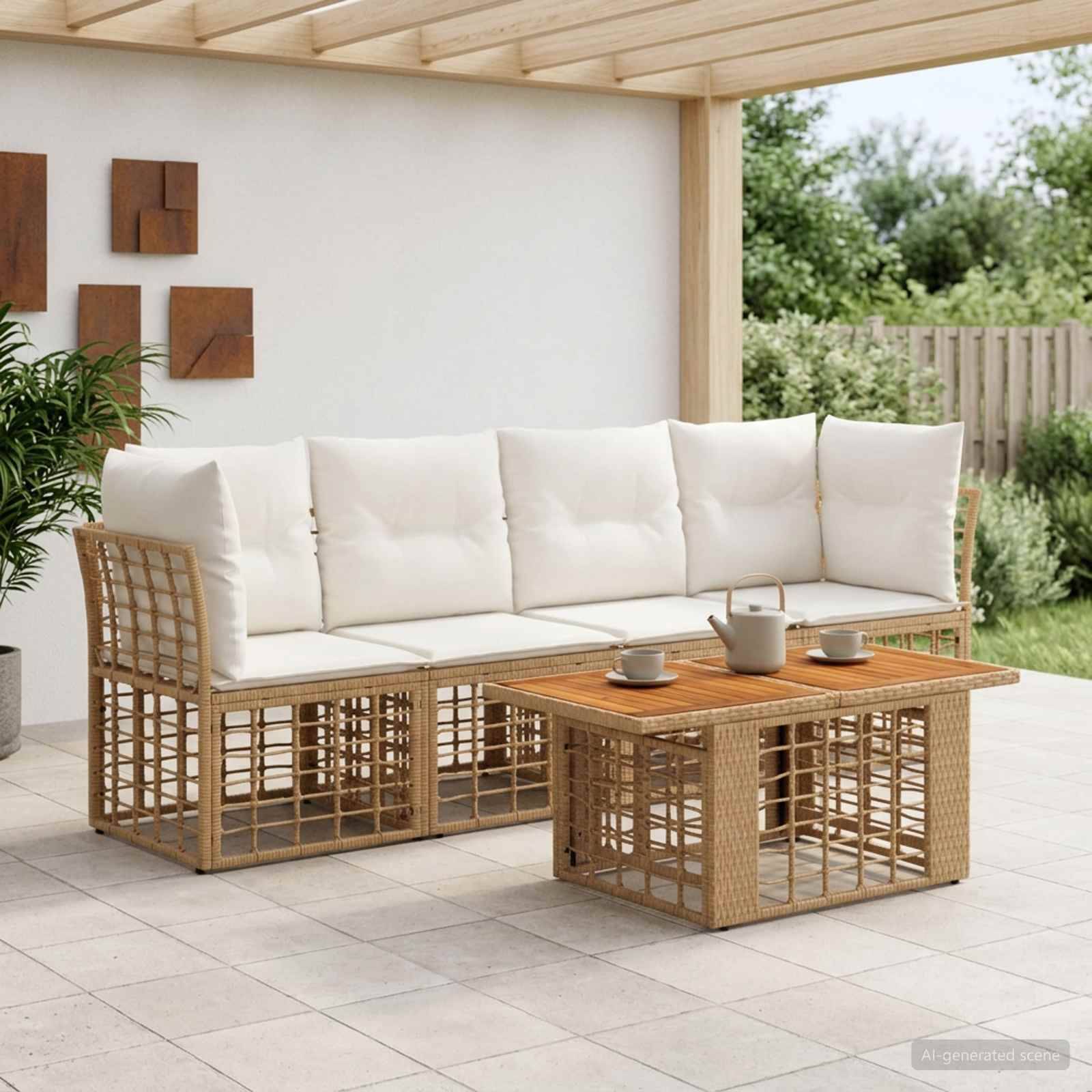 Outdoor-Terrassensitzgruppe mit geflochtenem Rattan-Ecksofa, weißen Kissen und passendem Couchtisch unter einer überdachten Pergola.
