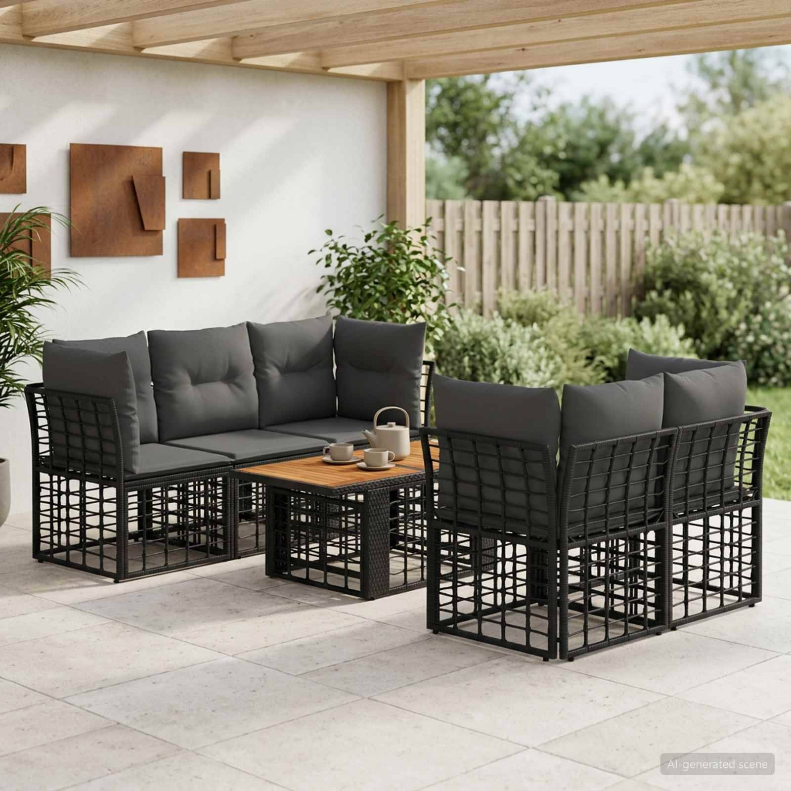 Moderner Außenbereich-Sitzmöbelsatz mit schwarz gerahmten Metallstühlen, grauen Kissen und einem niedrigen Holz-Couchtisch unter einer überdachten Terrasse.