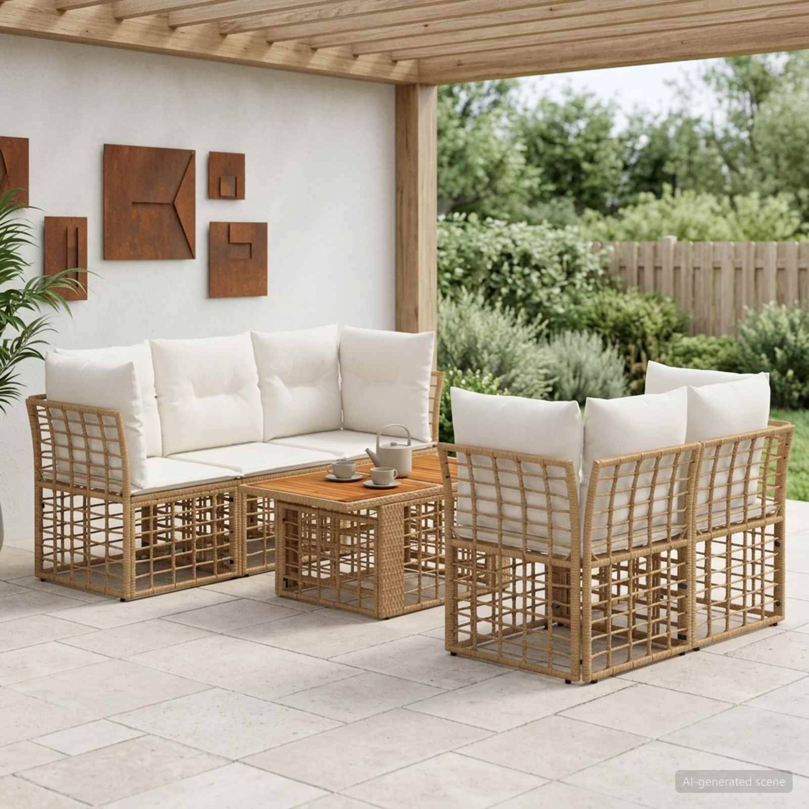 Terrasse im Freien mit Korbsofa, Sesseln und Couchtisch unter einer Holzpergola, gestylt mit weißen Kissen und Gartenhintergrund.