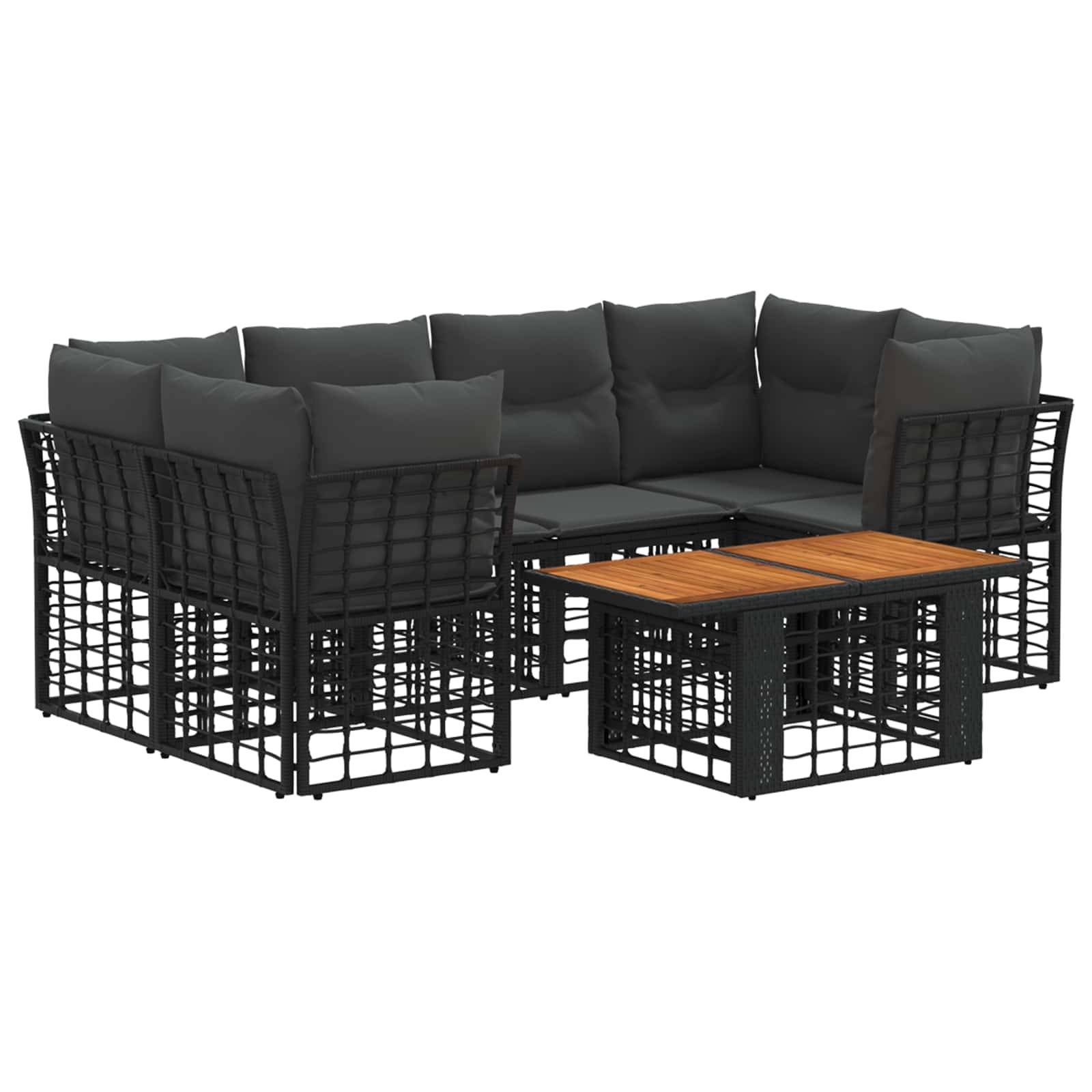 Modernes schwarzes Polyrattan-Außensektionalsofa mit grauen Kissen und einem passenden Couchtisch aus Lamellengolz auf weißem Hintergrund.
