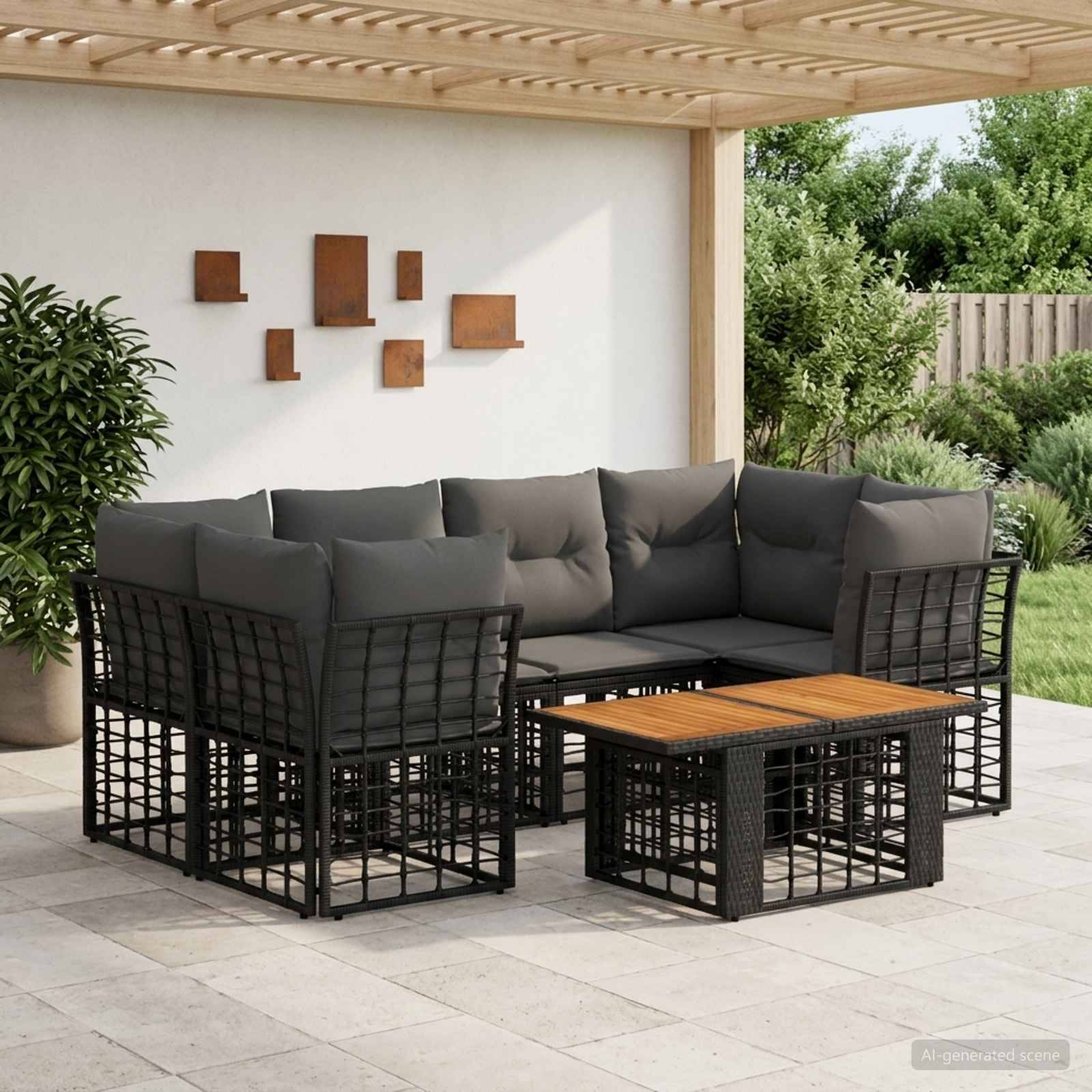 Outdoor-Terrassensitzgarnitur mit dunkelbraun geflochtenem Ecksofa, zwei Stühlen und Couchtisch mit Holzplatte unter einer Pergola.