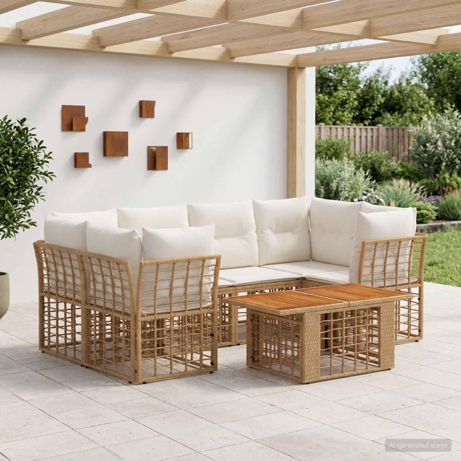 Gartenmöbel-Set für die Terrasse mit cremefarbenen Polstern, Sofa und Stühlen im Rattanstil sowie passenden Holz-Couchtischen unter einer Pergola.